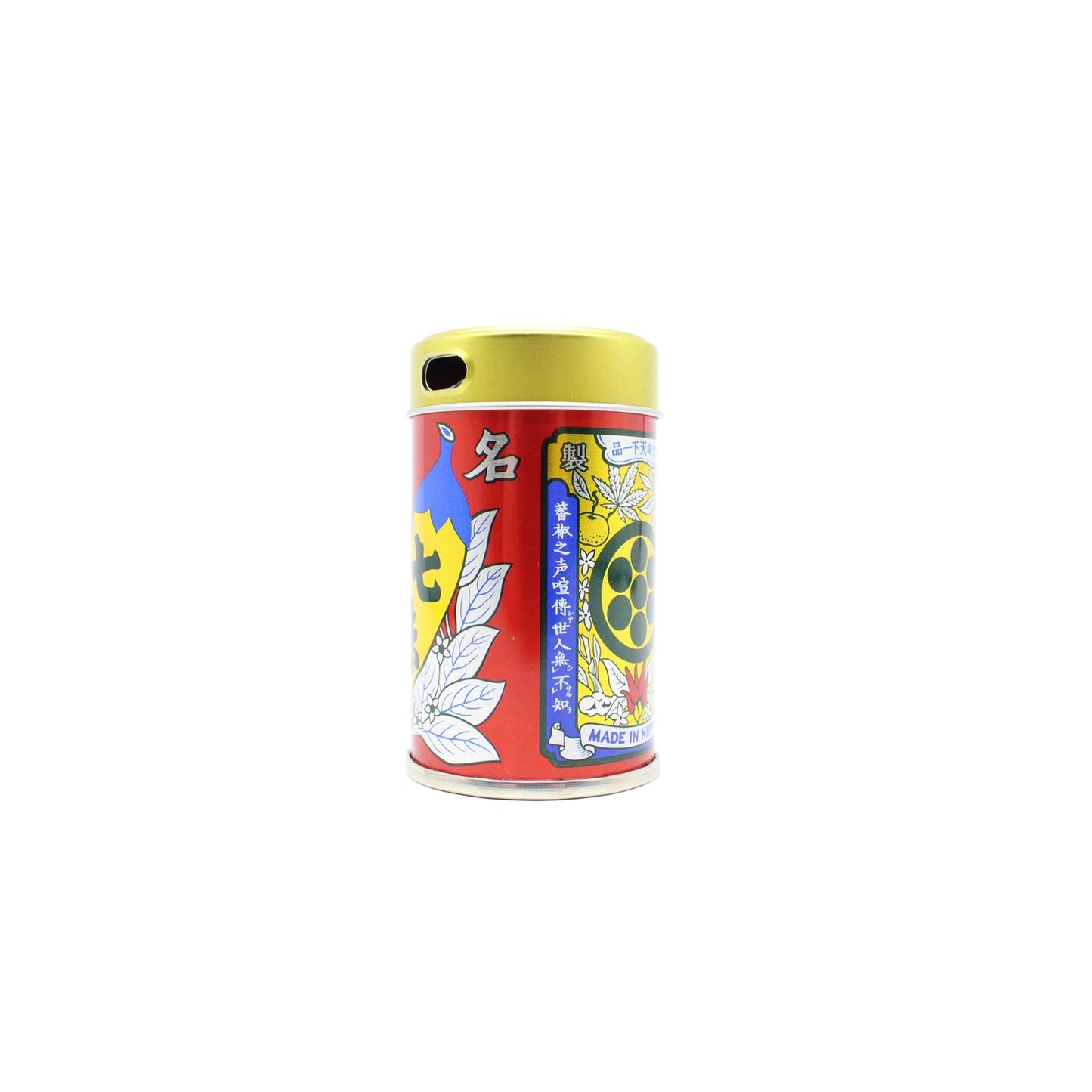 
                  
                    A red and yellow tin with Japanese text, a leaf design, and a yellow lid contains Shichimi Togarashi Furikake - 14g, a traditional seven-spice Japanese blend, displayed against a white background.
                  
                