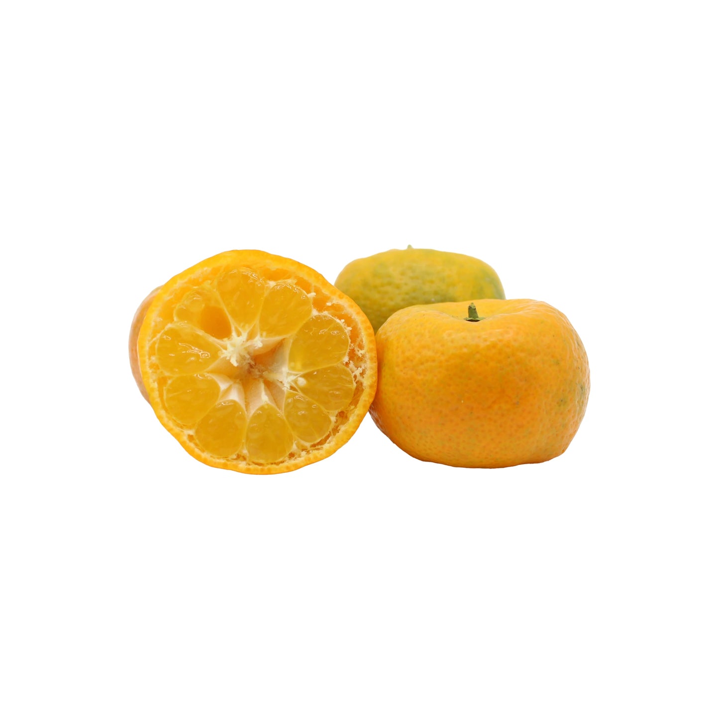 
                  
                    Three Fresh Shikuwasa Fruits on a white background, with one cut in half to reveal the juicy segments inside, highlighting their resemblance to traditional Okinawan citrus.
                  
                