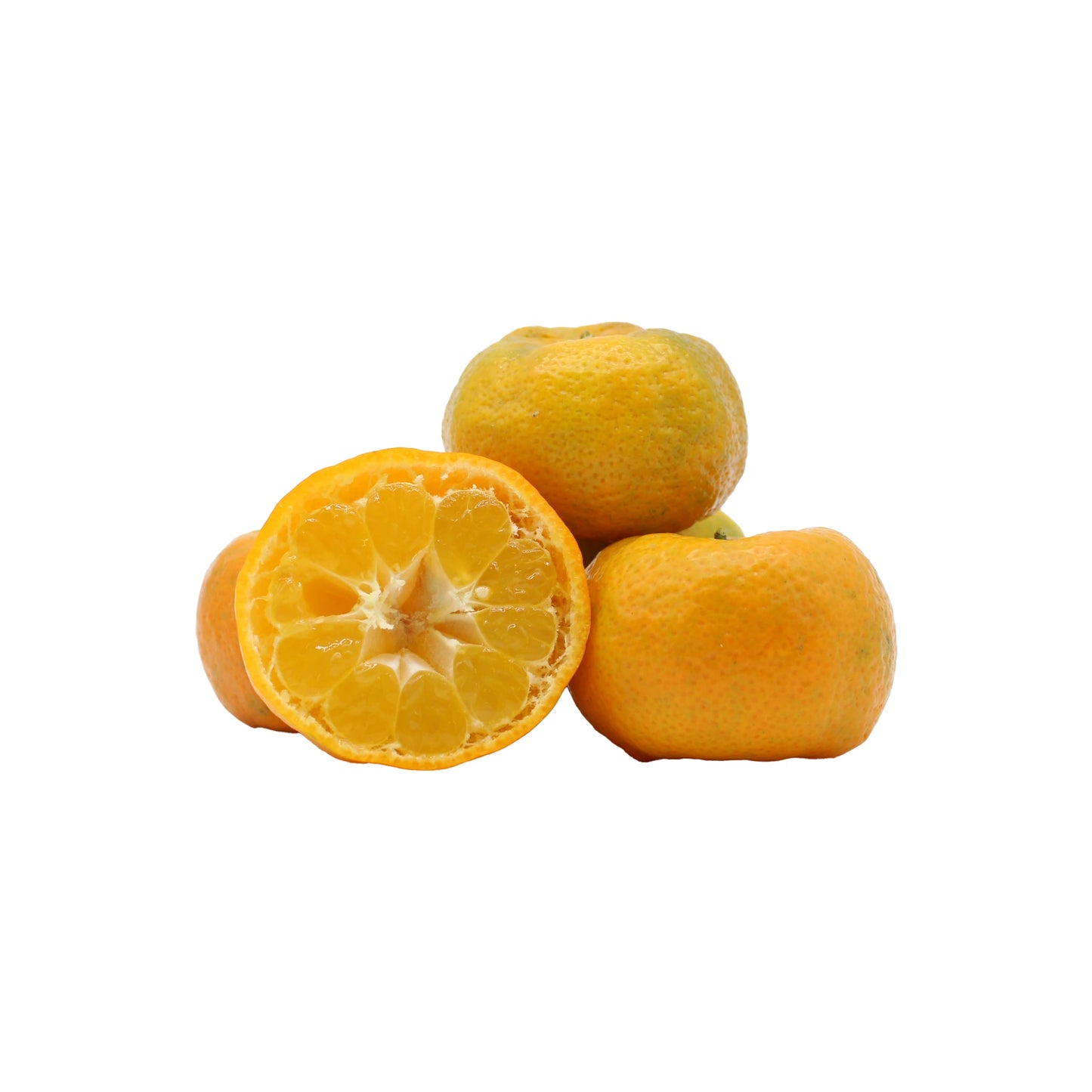 Four Fresh Shikuwasa Fruit—three whole and one halved to show their juicy, segmented interior—are displayed on a white background.