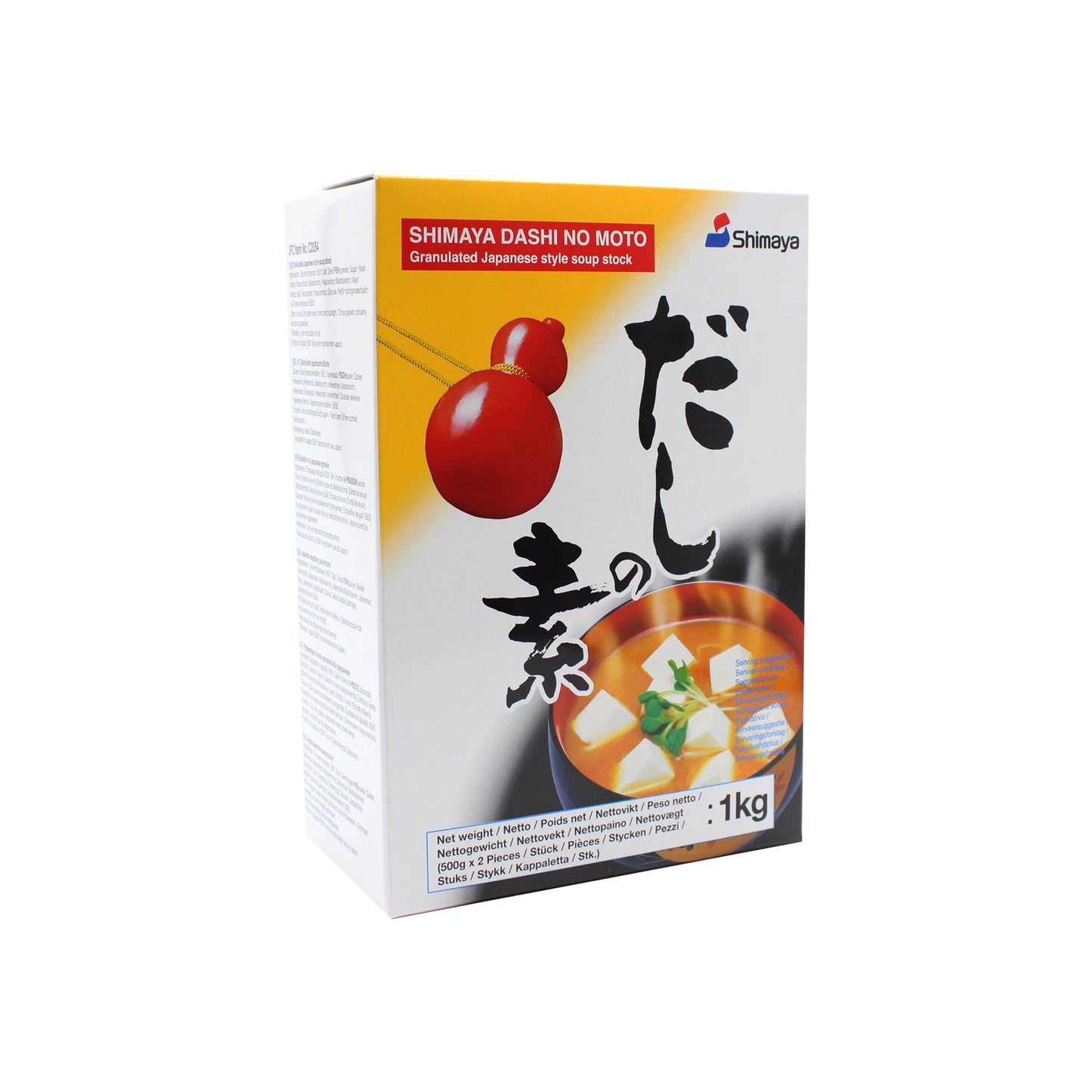 
                  
                    A 1kg box of Shimaya Dashi No Moto Powder, packaged with Japanese text and a soup illustration on the front. This versatile instant dashi stock provides authentic umami flavor, perfect for enhancing your favorite dishes.
                  
                