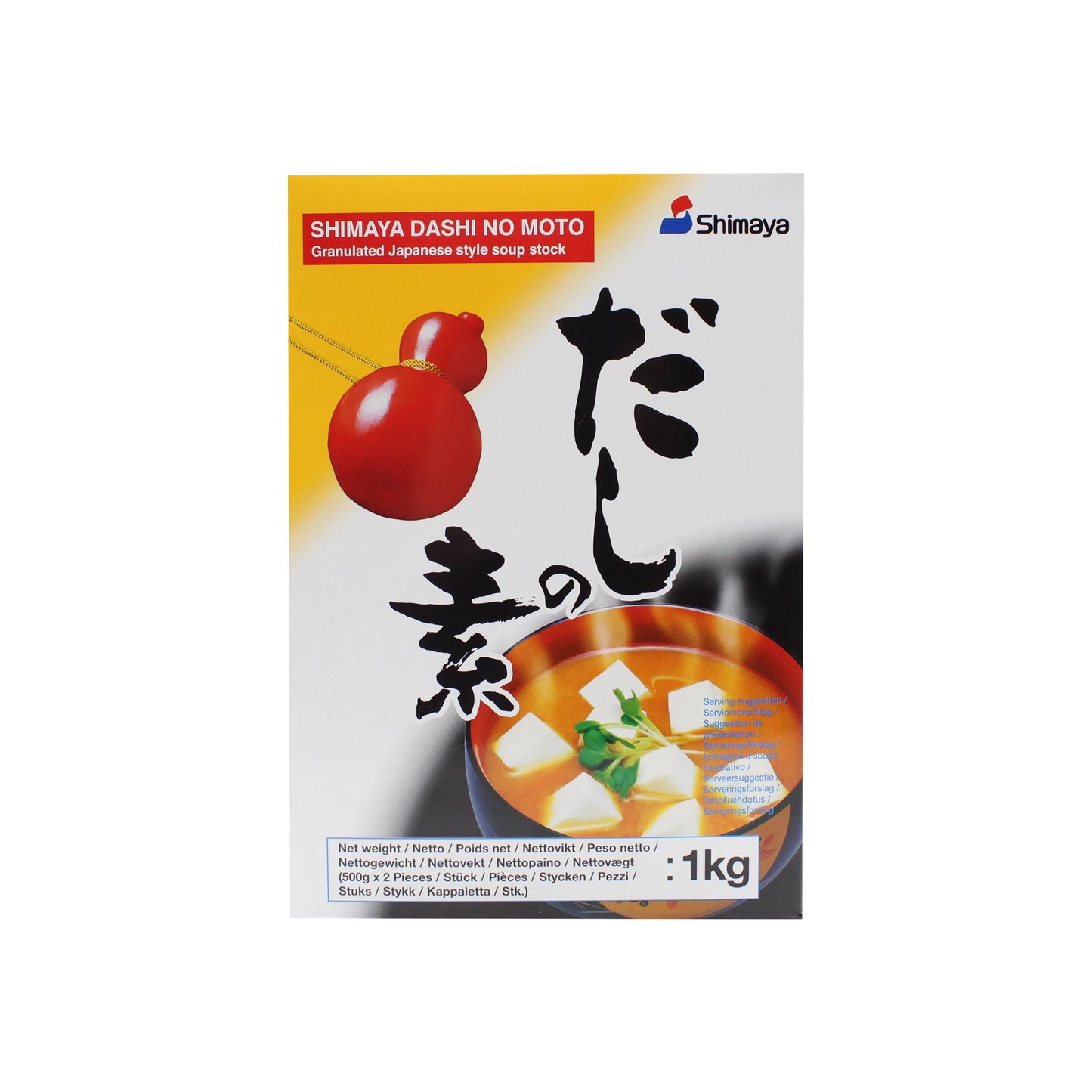 
                  
                    Shimaya Dashi No Moto Powder – 1kg, packaged with an image of a soup bowl and ladle on the front. This instant Japanese dashi stock offers a convenient, umami-rich seasoning, ideal for elevating the authentic taste of your Japanese dishes.
                  
                
