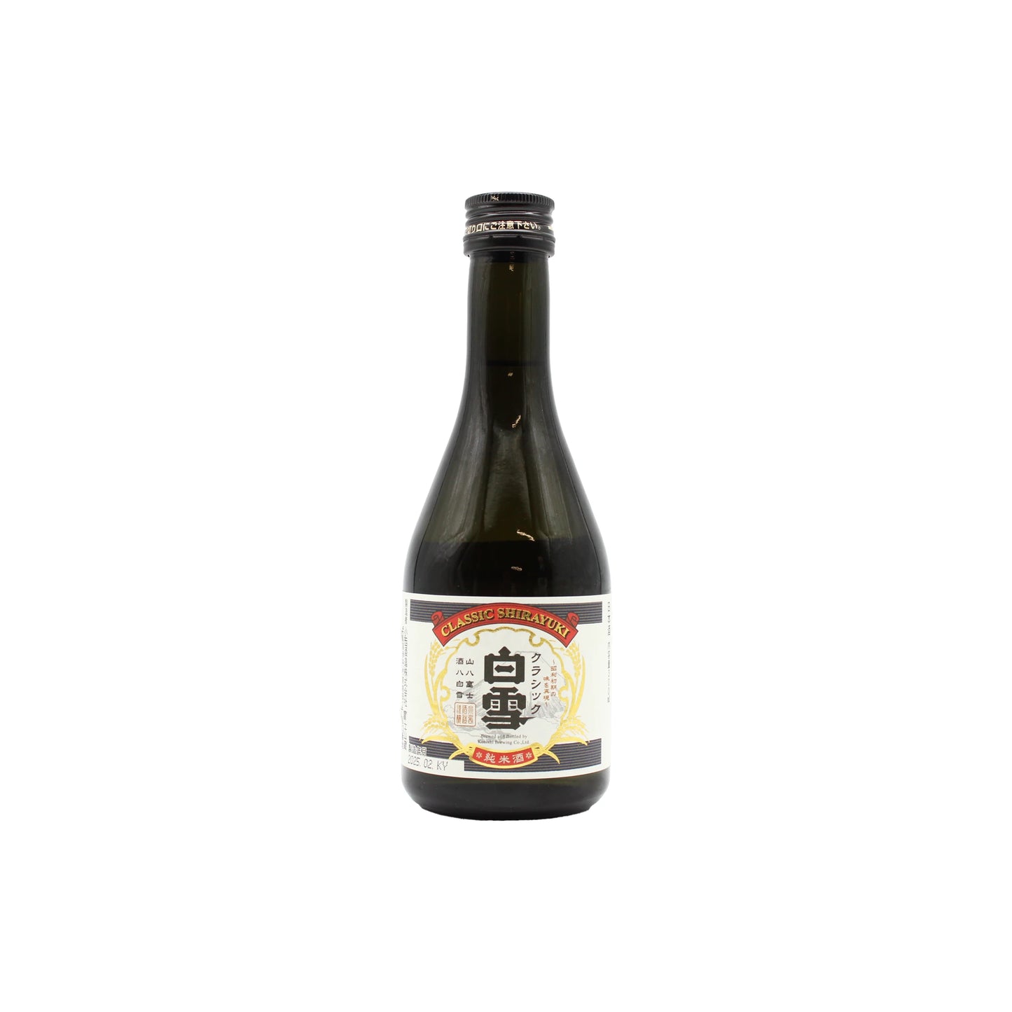 A dark glass bottle of Shirayuki Classic Junmai - 300ml with a white and gold label, set against a plain white background, evokes the refined taste of traditional Japanese sake enjoyed for generations.