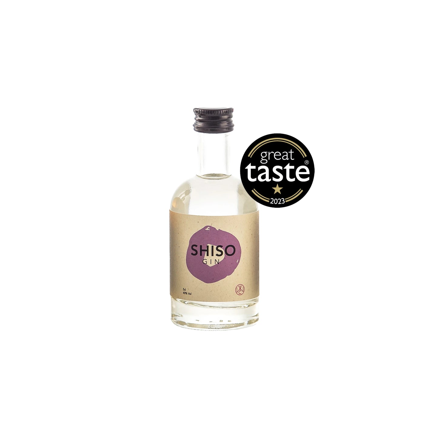 A clear 5cl Shiso Gin bottle, made with Dorset-grown purple shiso and Japanese flavours, sports a beige label with a purple logo and sits beside a black Great Taste 2023 award badge.