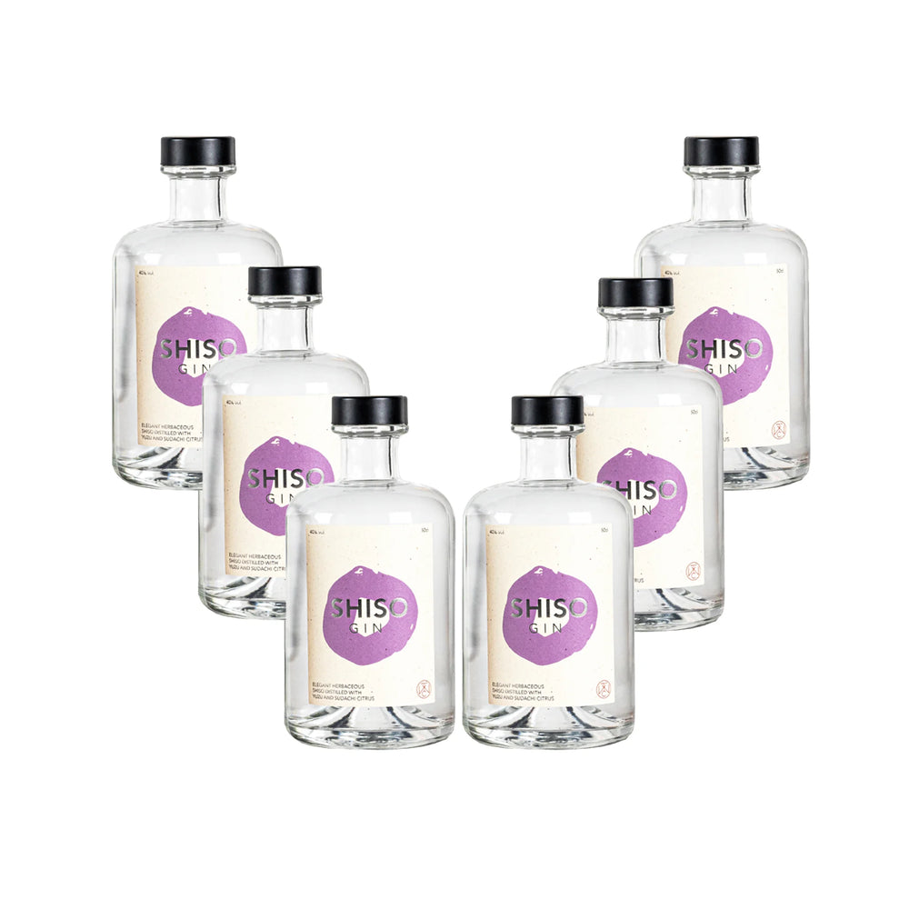 
                  
                    Six clear 50cl Shiso Gin bottles with black caps and white labels featuring a purple circle, arranged in a V-shape—ideal for displaying your signature London dry gin infused with yuzu or purple shiso.
                  
                