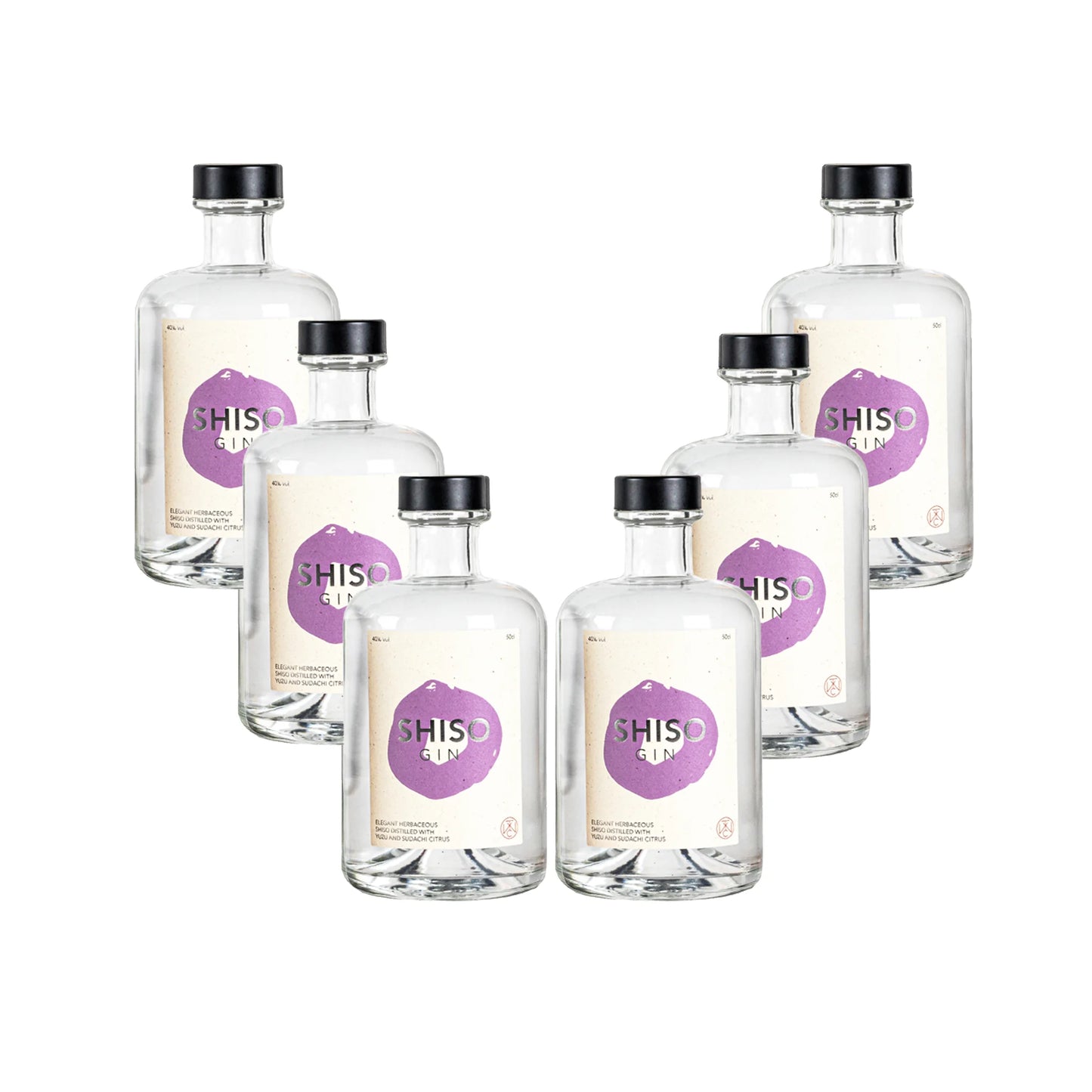 
                  
                    Six clear 50cl Shiso Gin bottles with black caps and white labels featuring a purple circle, arranged in a V-shape—ideal for displaying your signature London dry gin infused with yuzu or purple shiso.
                  
                