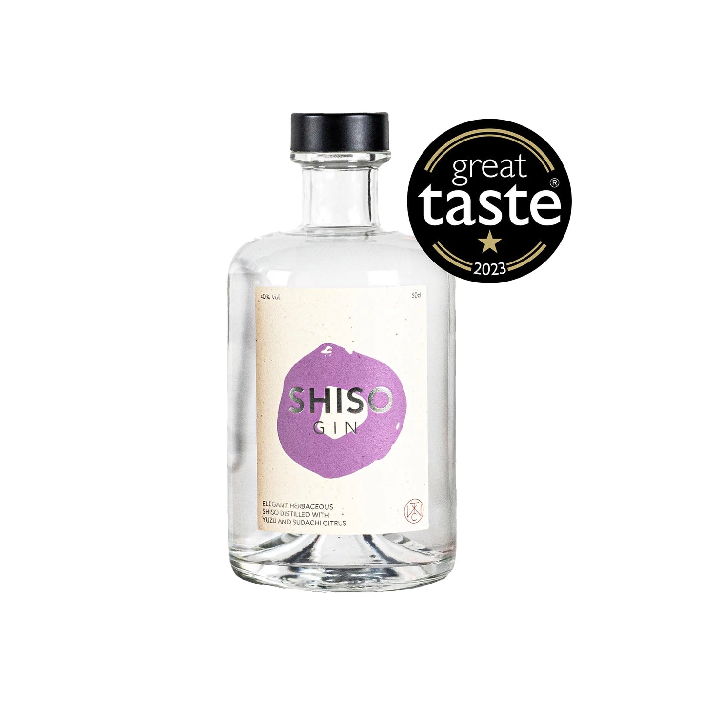 A clear glass bottle of Shiso Gin - 50cl, a London dry gin infused with purple shiso and yuzu, has a white label with a purple design and is shown next to a black and gold Great Taste 2023 award badge.