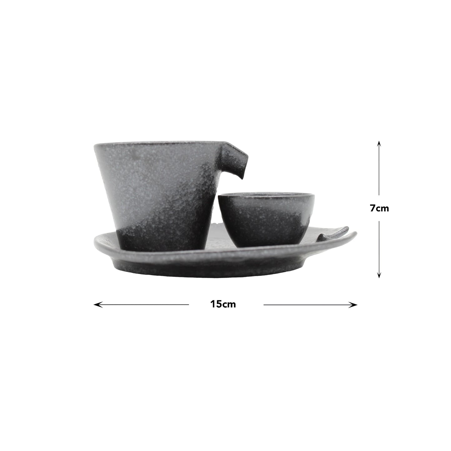 The Shizuru Sake Set - Black & Silver includes a cup, bowl, and plate (15 cm wide, 7 cm high), making it ideal for sake lovers. Elegantly displayed on a white background with matte black finish and silver accents.