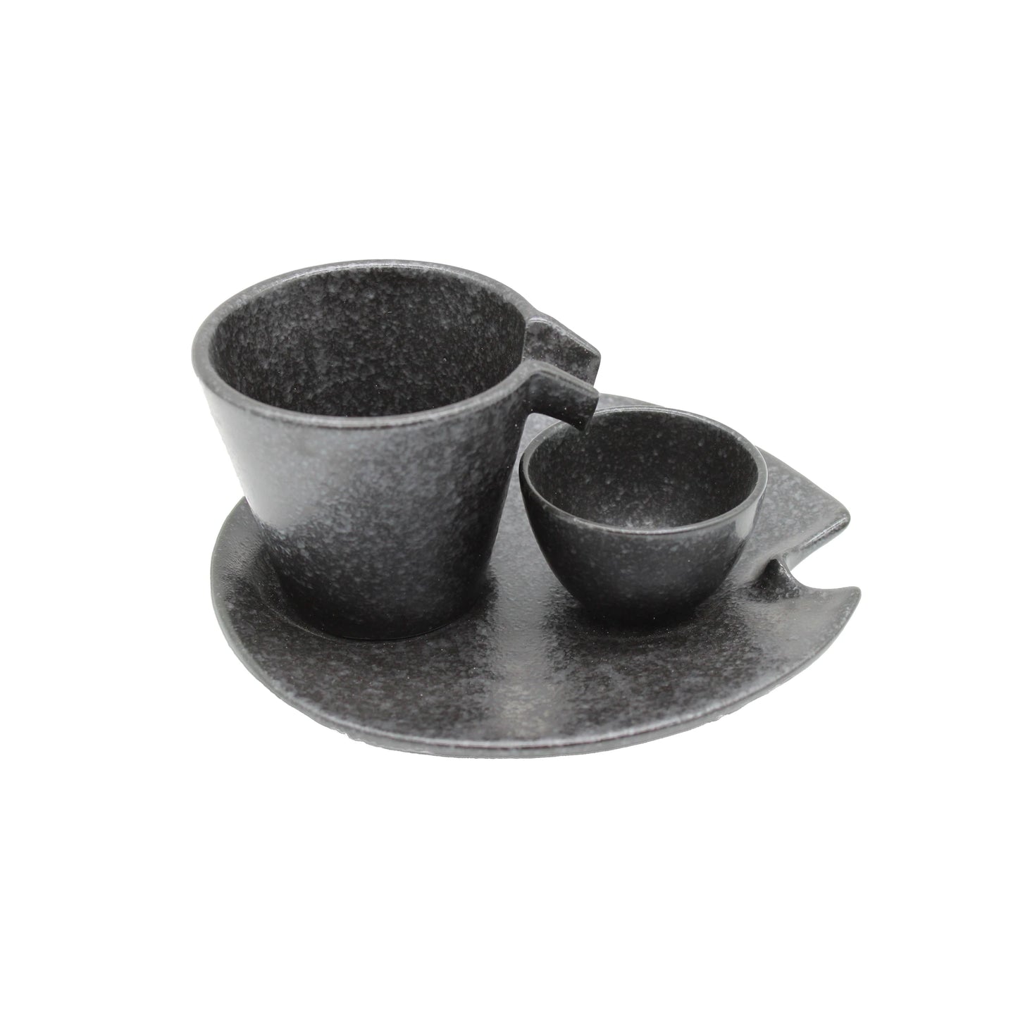 The Shizuru Sake Set - Black & Silver includes a large cup, small bowl, and matching plate with slots for both pieces, elegantly arranged on a white background—ideal for sake connoisseurs and inspired by Kaneko Ko-hyo.