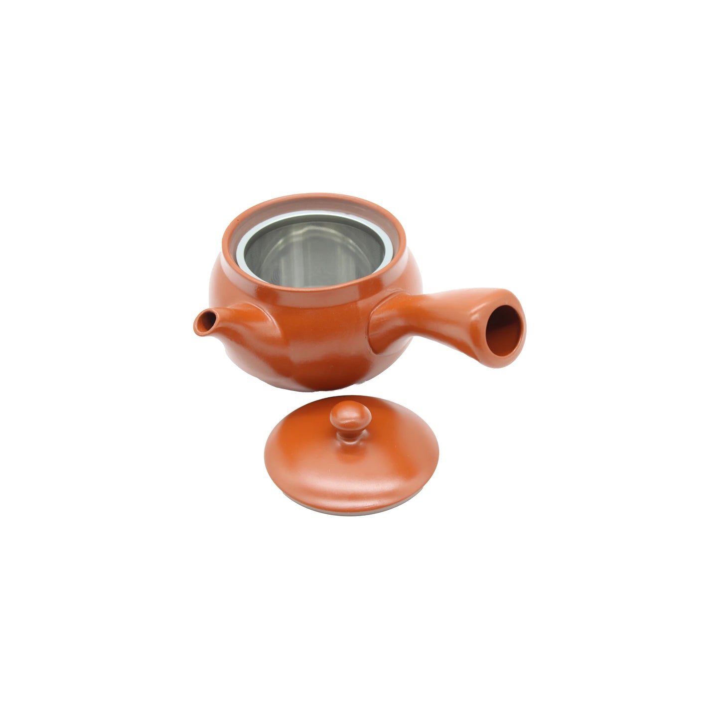 
                  
                    The Shudei Kyusu Teapot with Steel Tea Strainer (Terracotta, 360ml) is shown on a white background with its lid removed, revealing the metal infuser and side handle, handcrafted from brown Shudei clay.
                  
                