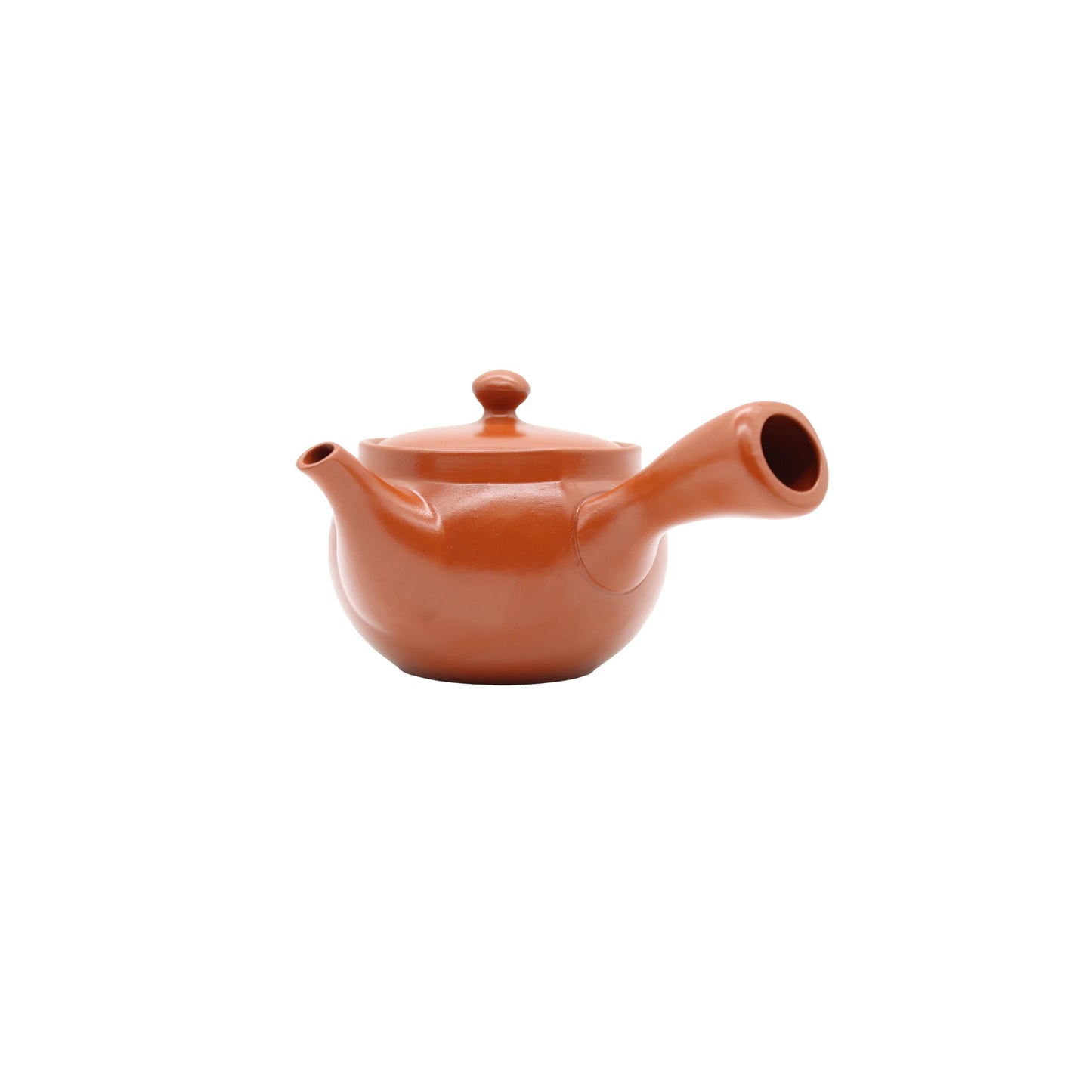 
                  
                    The Shudei Kyusu Teapot with Steel Tea Strainer, crafted from terracotta Shudei clay (360ml), features a round lid and short spout, shown against a plain white background.
                  
                