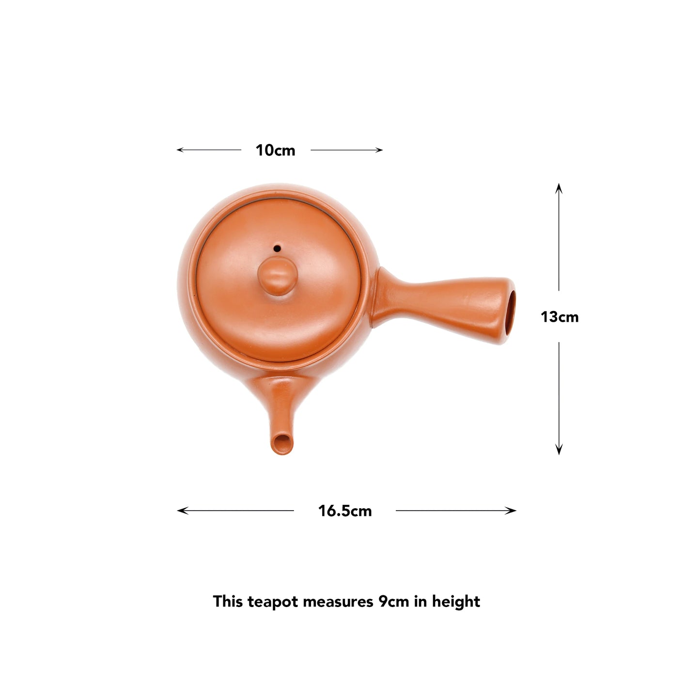 
                  
                    Top view of the Shudei Kyusu Teapot with Steel Tea Strainer (Terracotta, 360ml), crafted from Shudei clay; dimensions: 10 cm wide, 13 cm deep, 16.5 cm long, and 9 cm high.
                  
                