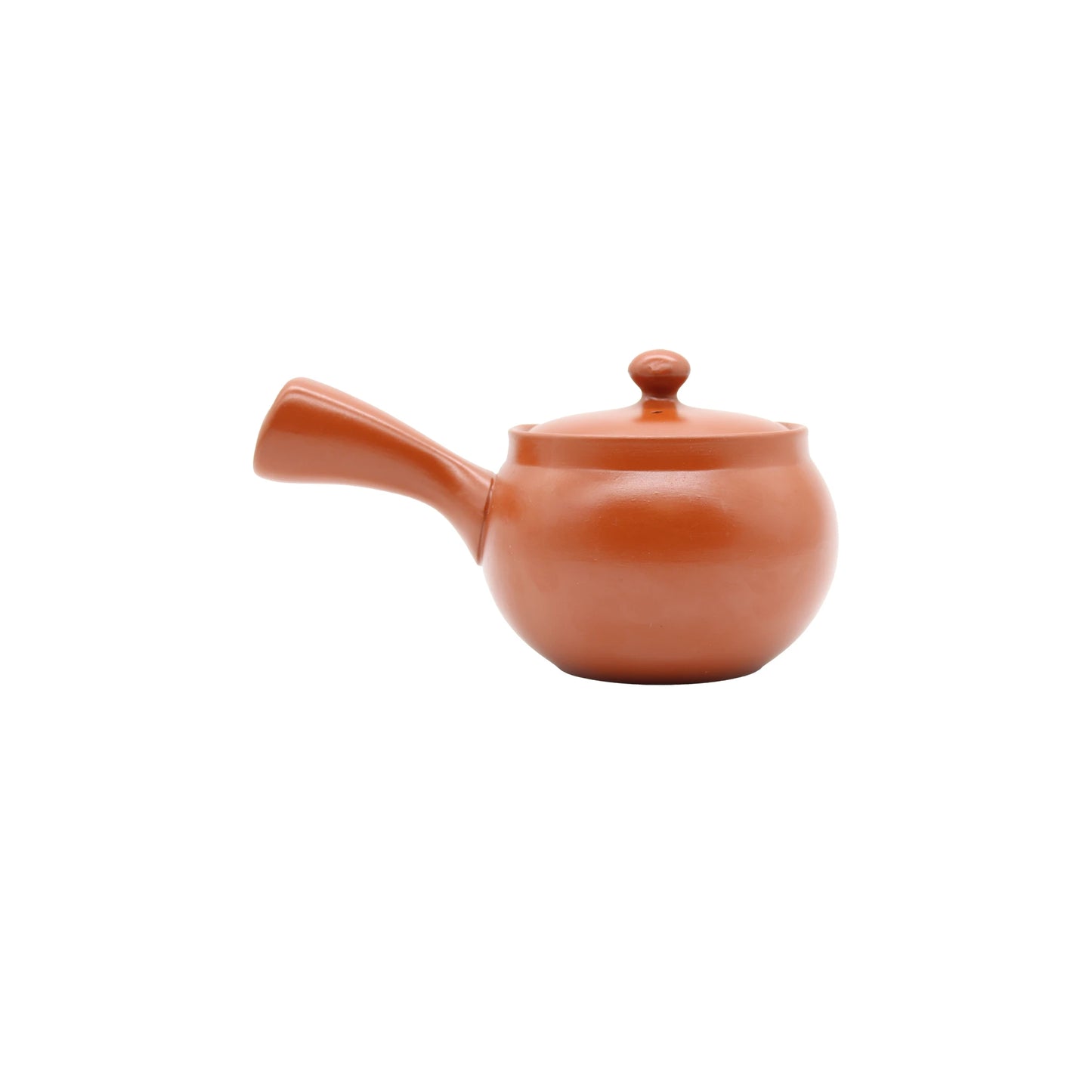 
                  
                    The Shudei Kyusu Teapot with Steel Tea Strainer features a terracotta ceramic body (360ml) with a side handle and lid, set against a plain white background.
                  
                