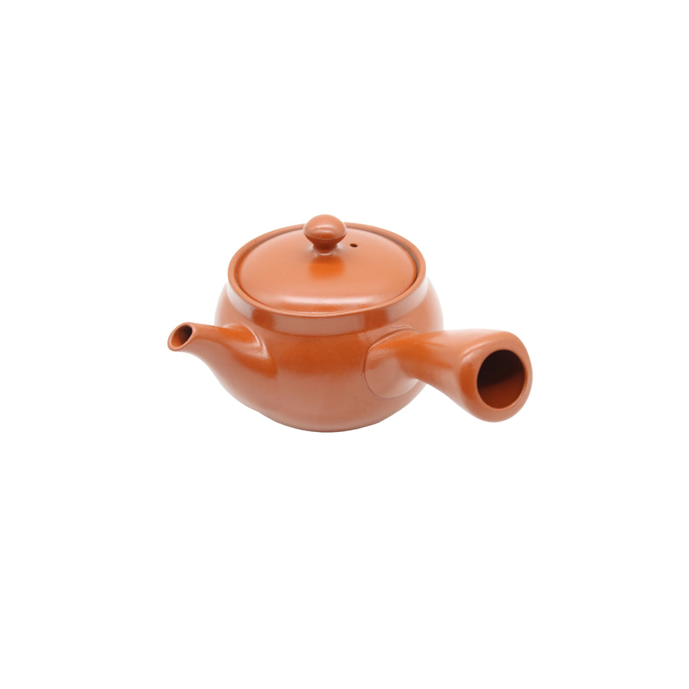 The Shudei Kyusu Teapot with Steel Tea Strainer (Terracotta, 360ml) featuring a round lid and side handle is displayed against a plain white background.