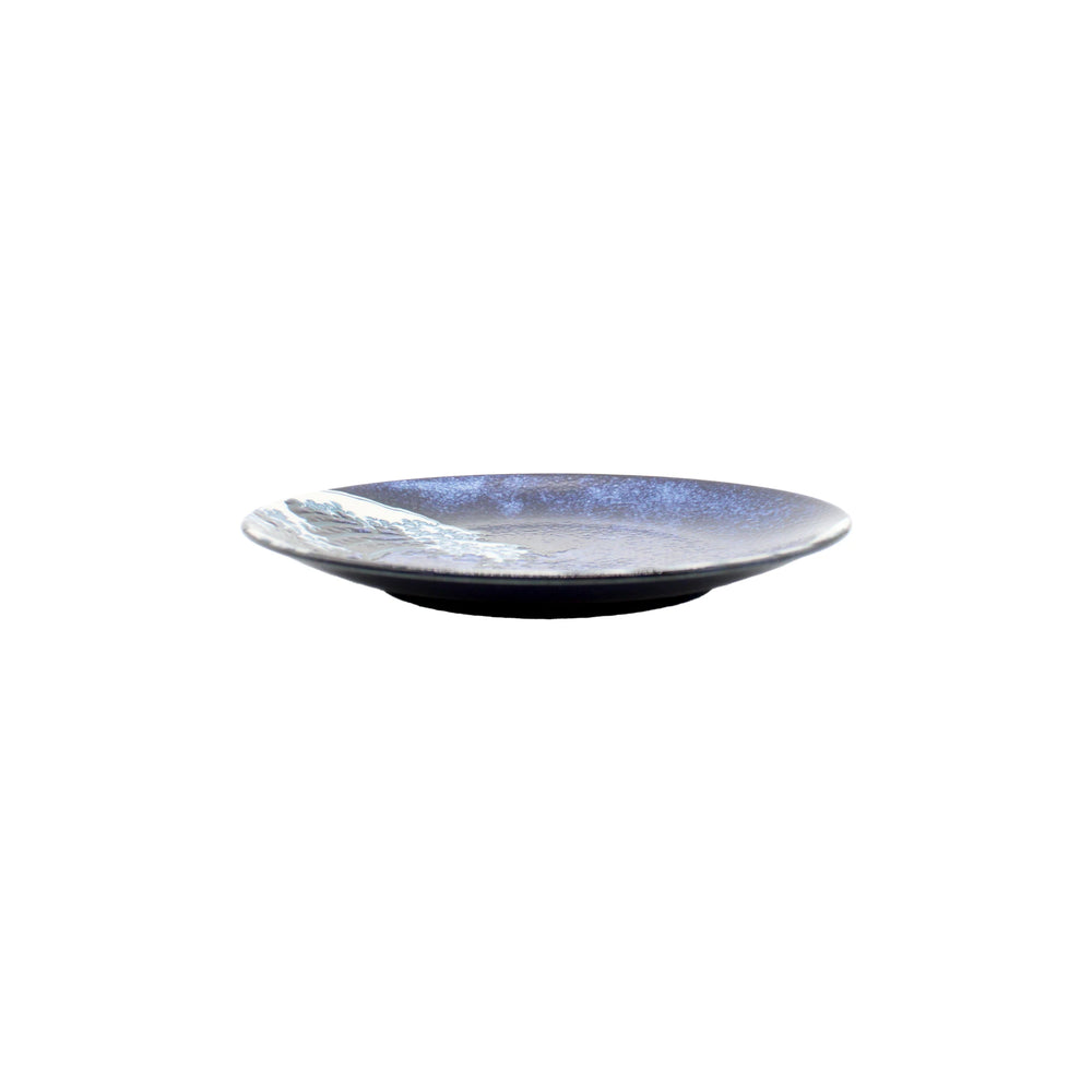 
                  
                    Side Plate - Great Wave Design Blue: a shallow Minoyaki porcelain plate featuring a blue and white marbled glaze inspired by the Great Wave, displayed against a plain white background.
                  
                