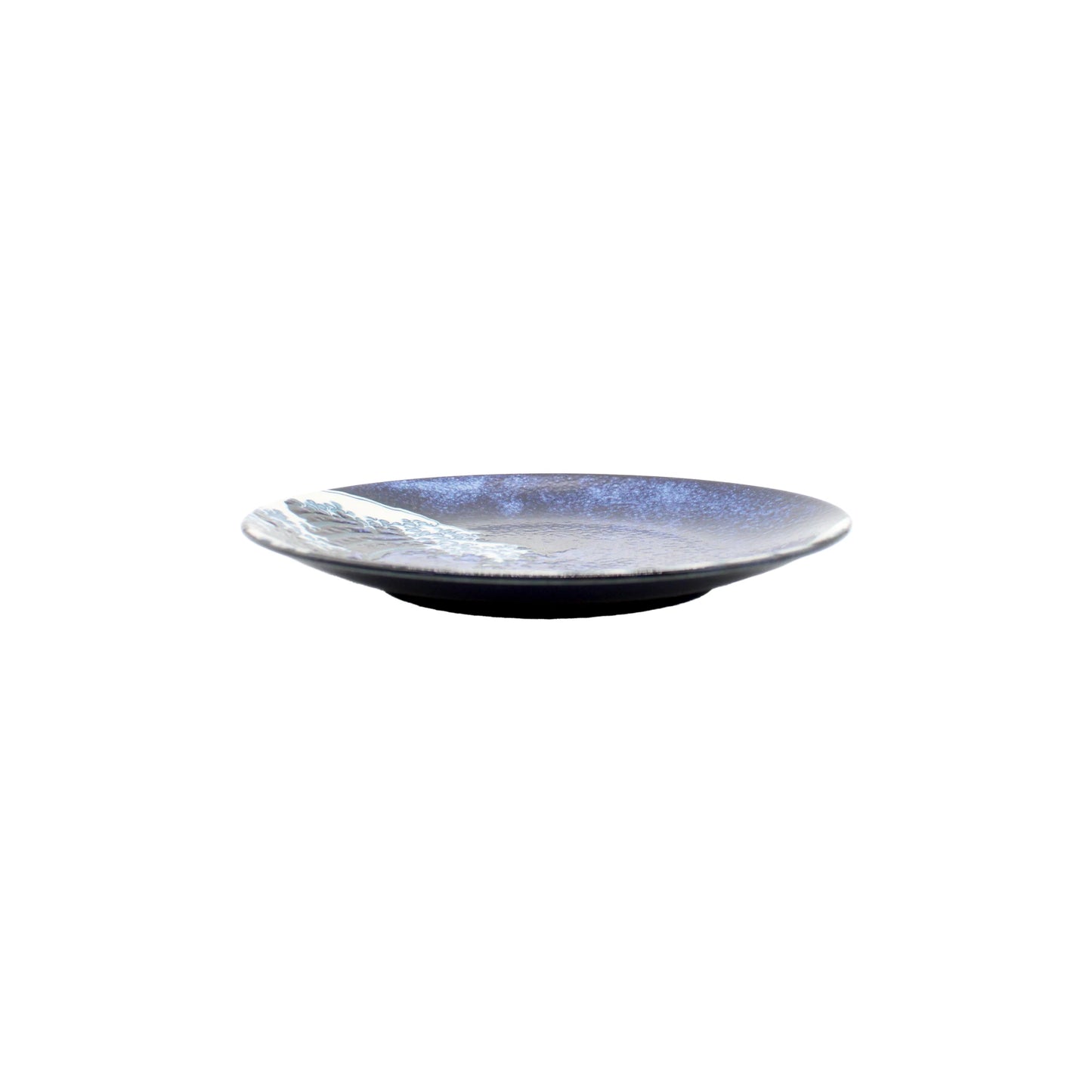 
                  
                    Side Plate - Great Wave Design Blue: a shallow Minoyaki porcelain plate featuring a blue and white marbled glaze inspired by the Great Wave, displayed against a plain white background.
                  
                