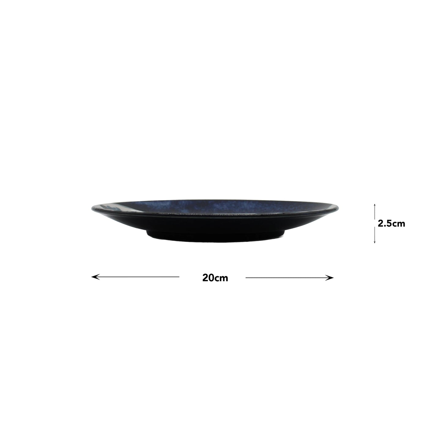 
                  
                    The Side Plate - Great Wave Design Blue is a dark-colored Minoyaki porcelain plate (20 cm diameter, 2.5 cm height), shown from the side against a white background with measurement lines and labels.
                  
                