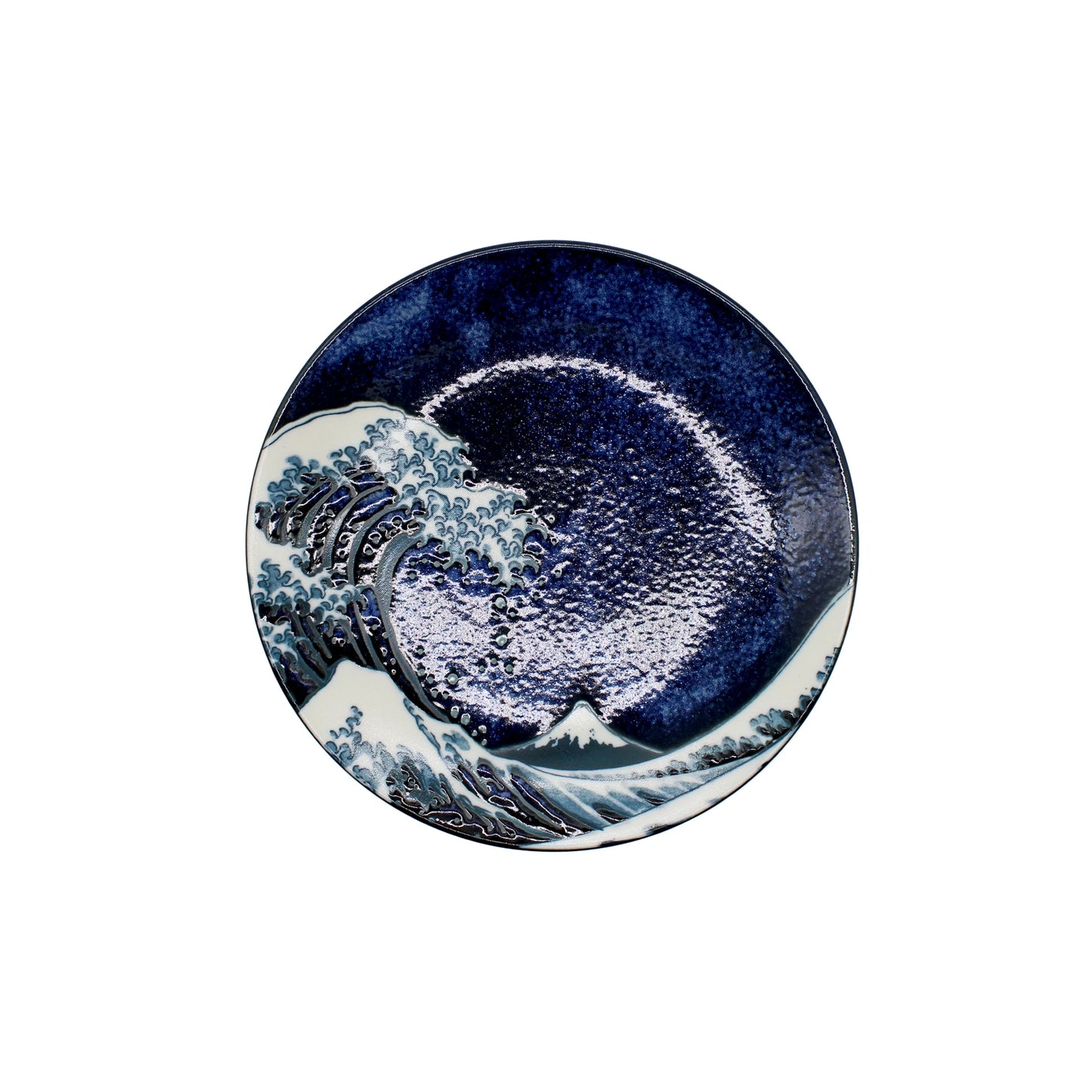 The Side Plate - Great Wave Design Blue is a handcrafted ceramic piece by Ichi kiln, featuring deep blue and white tones inspired by The Great Wave off Kanagawa and a textured central area.