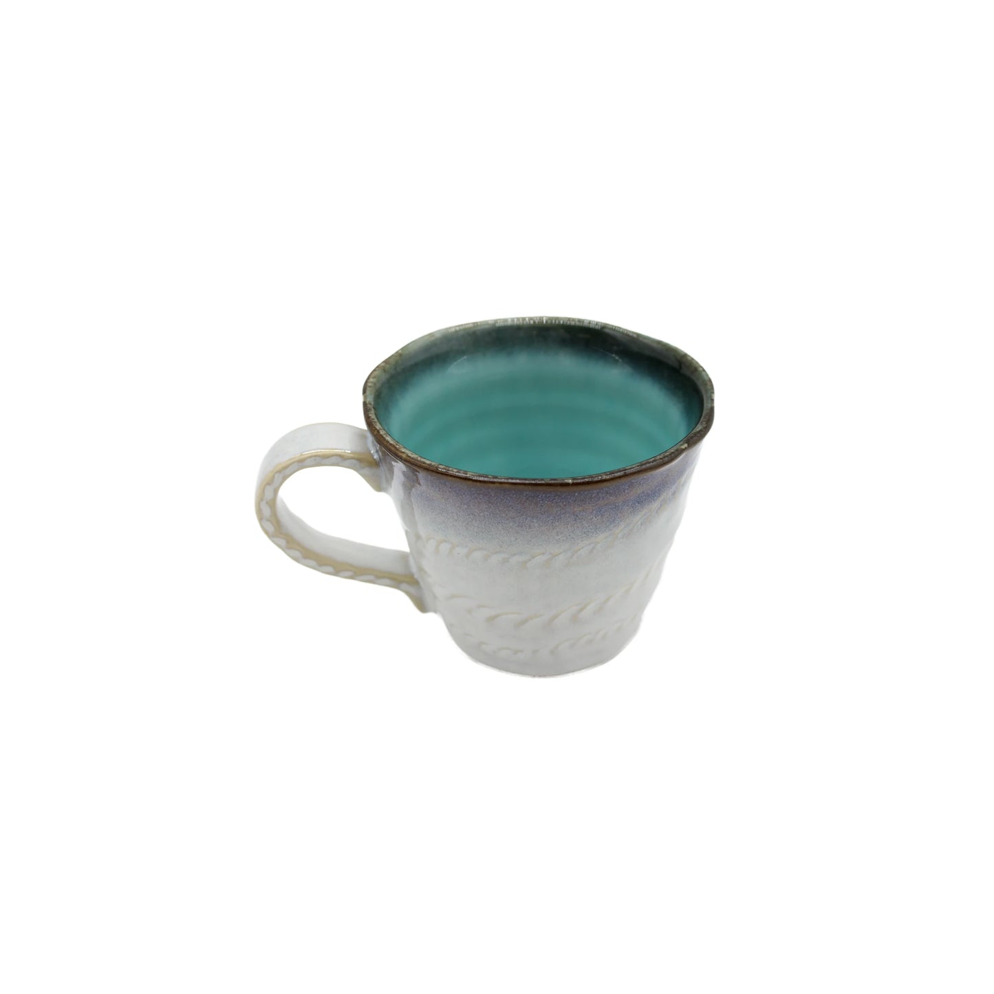 The Mug with Handle - Sky Blue features a textured handle and white exterior, with a blue-to-green gradient inside. Made from fine Minoyaki porcelain, it blends traditional artistry and modern elegance.