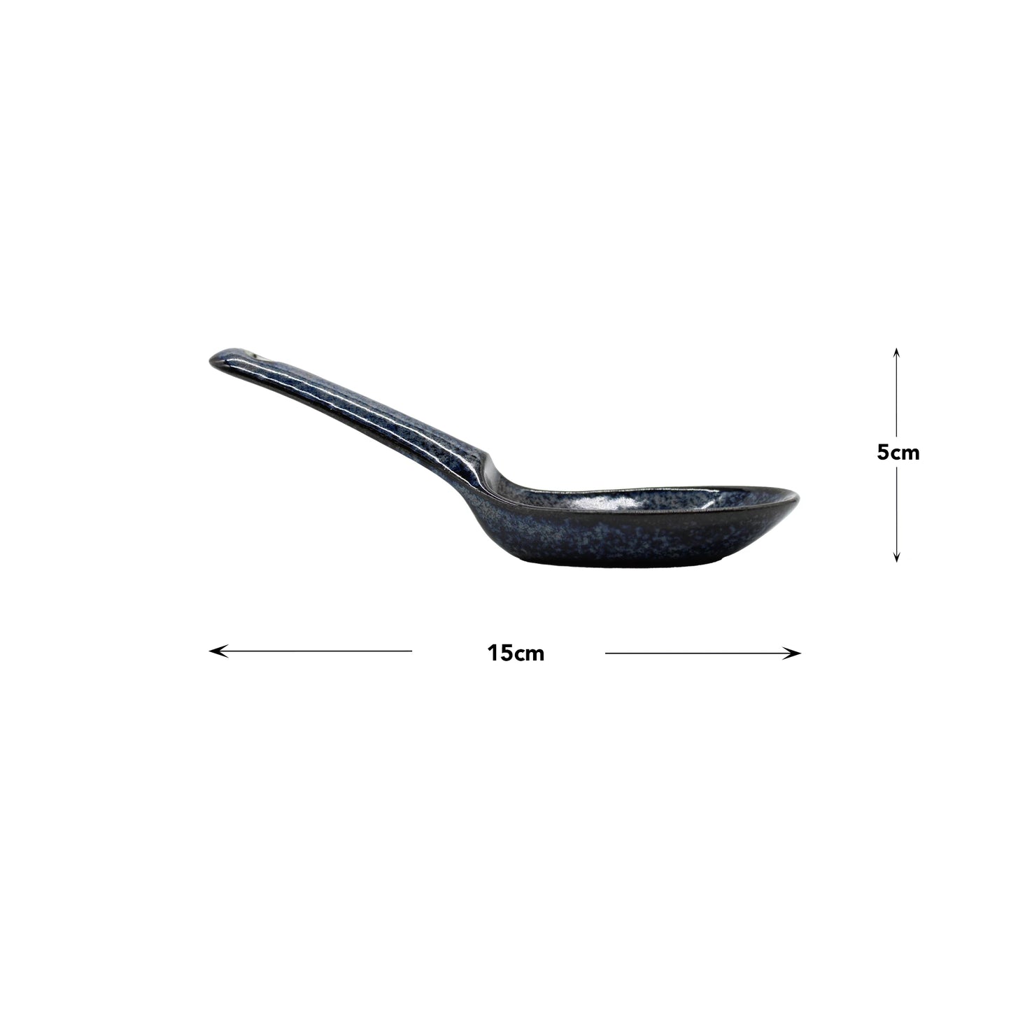 
                  
                    Indigo Blue Minoyaki porcelain ramen spoon with a curved handle, shown in profile view. Dimensions: 15 cm long and 5 cm tall.
                  
                