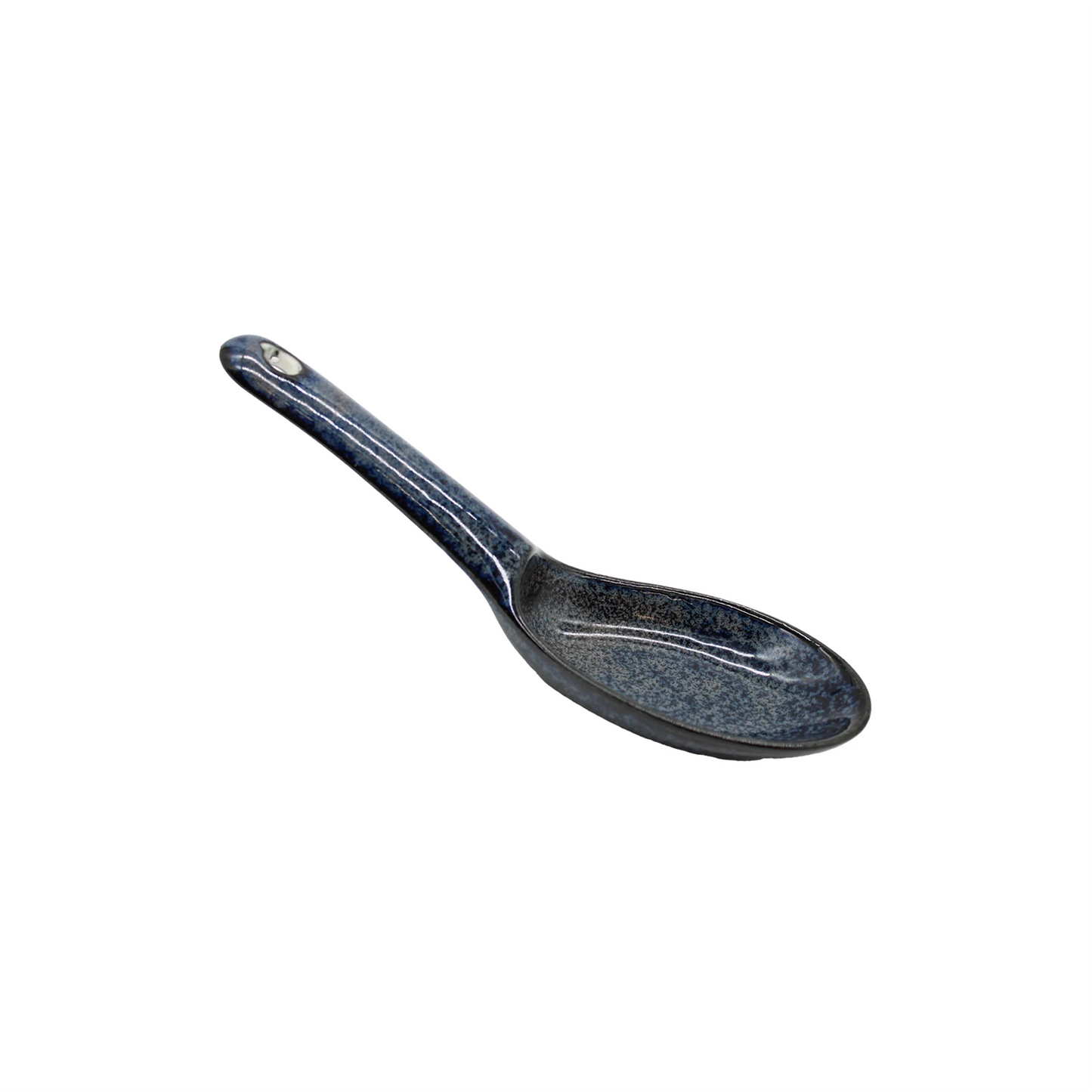 
                  
                    The Spoon - Indigo Blue is a Minoyaki porcelain ramen spoon with a textured finish and a hole at the handles end, shown on a white background.
                  
                