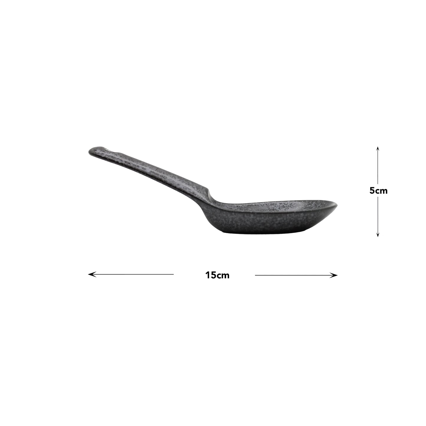 
                  
                    Side view of Spoon - Matt Black with a textured surface, 15 cm in length and 5 cm in height, on a white background with dimension arrows.
                  
                