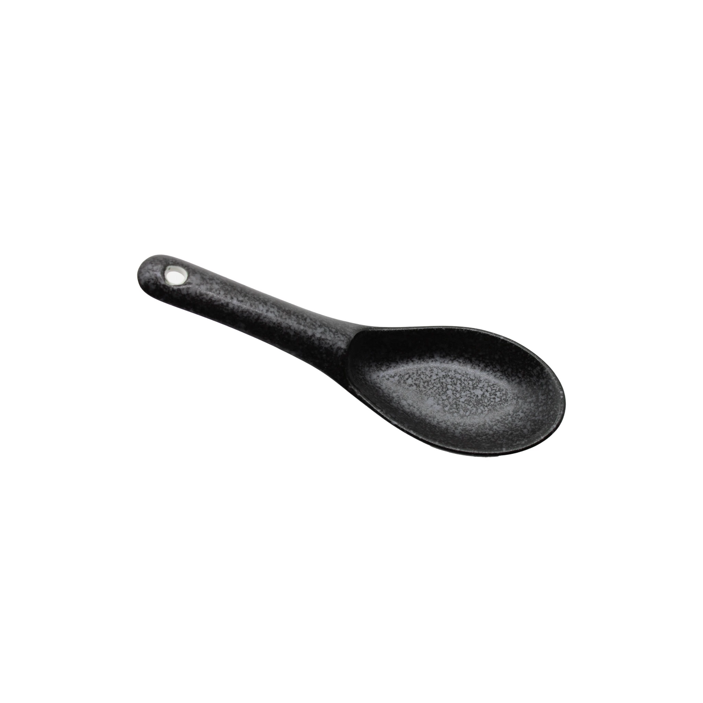 
                  
                    The Spoon - Matt Black, made from Minoyaki porcelain, has a matt black finish, a handle hole for hanging, and is shown on a white background.
                  
                