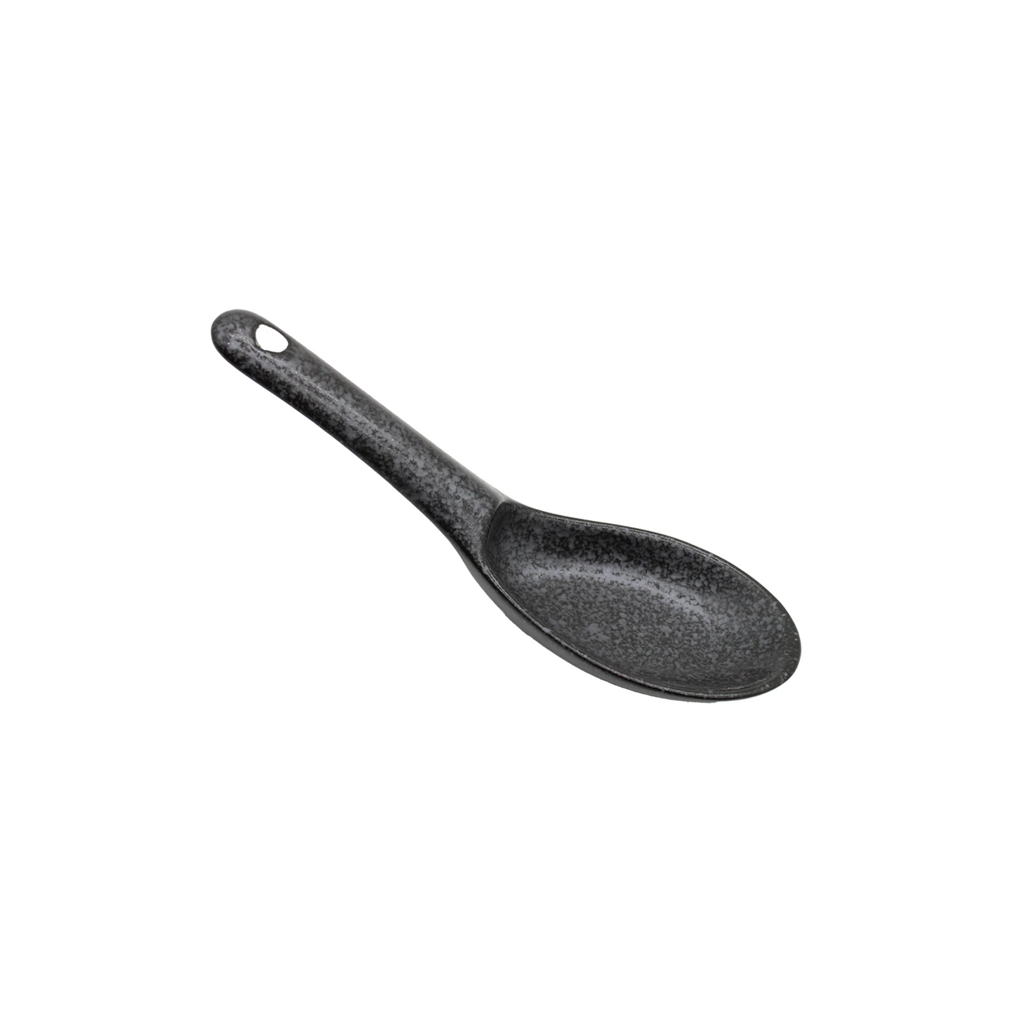 
                  
                    The Spoon - Matt Black is crafted from speckled ceramic with a hole at the end of the handle, shown resting on a white background.
                  
                