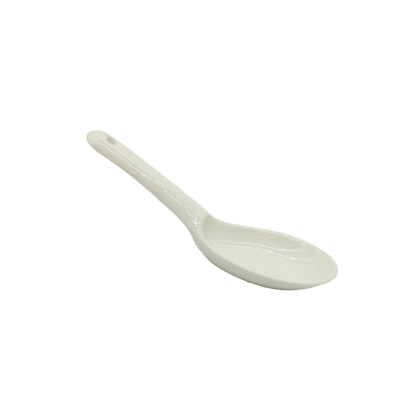 
                  
                    The Spoon - White Gloss is a Minoyaki porcelain spoon rest with a handle and hole, perfect for holding ramen spoons, shown on a plain white background.
                  
                