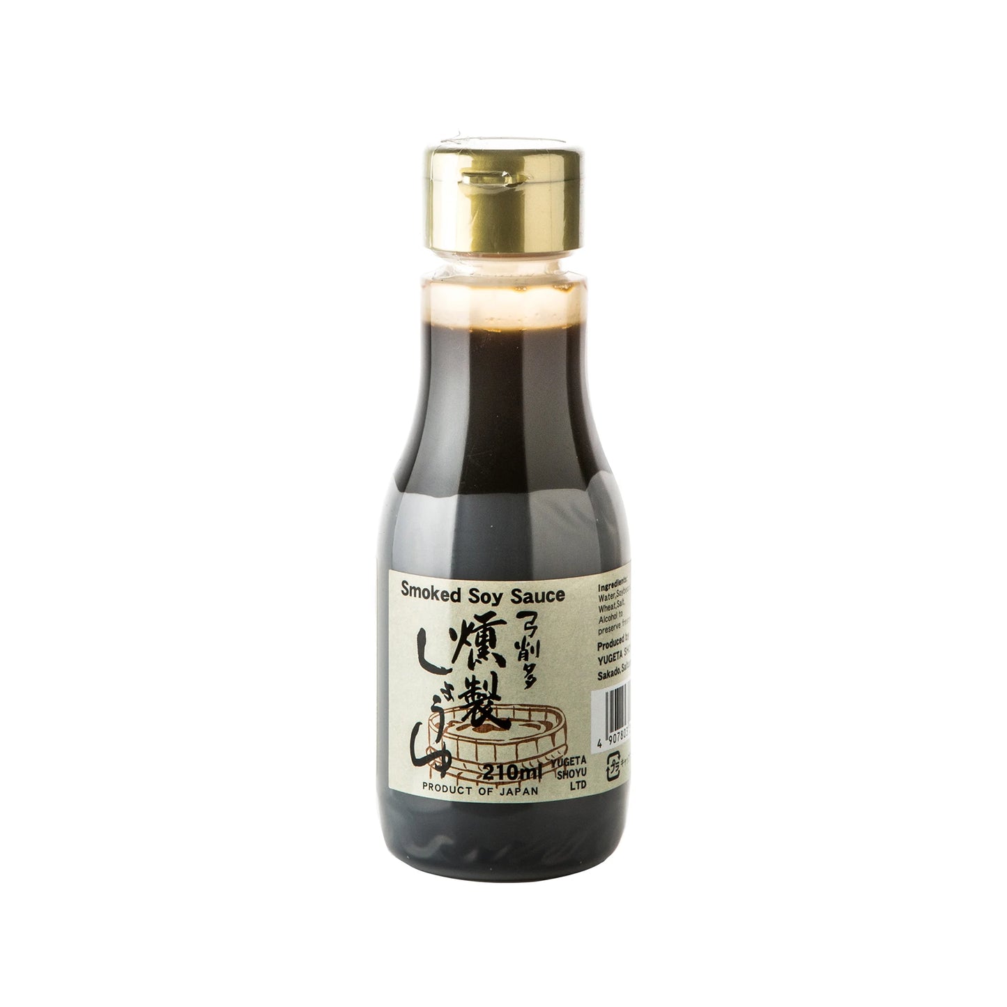 A 210ml clear glass bottle of Smoked Soy Sauce with a gold cap and beige Japanese label, offering cherry wood smoke flavor, umami notes, and a barcode.