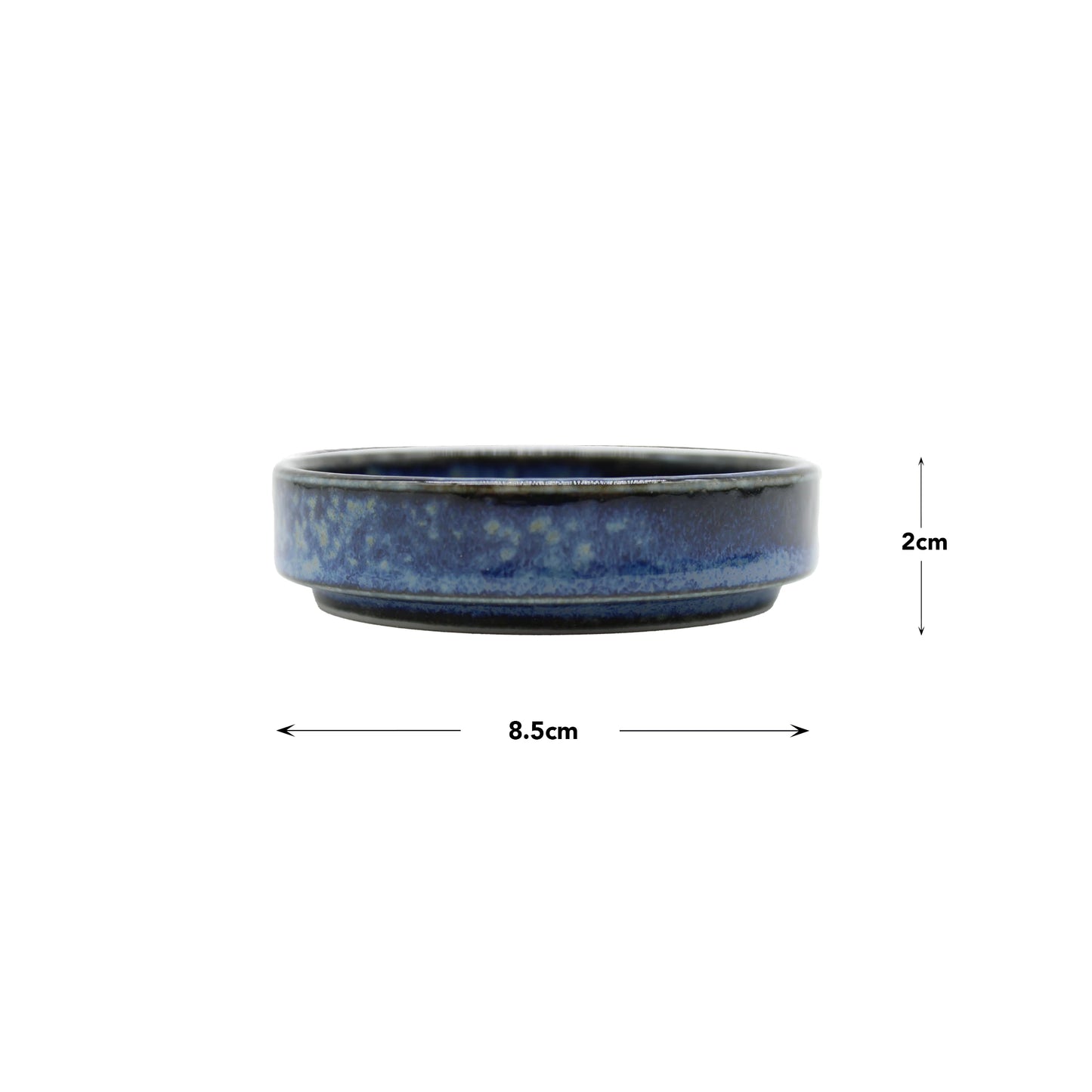 The Soba Seasoning Deep Cup - Blue is a round ceramic dish in blue yohen glaze, made with Japanese pottery tradition. It measures 8.5 cm in diameter and 2 cm high, and is shown against a white background with labeled dimensions.