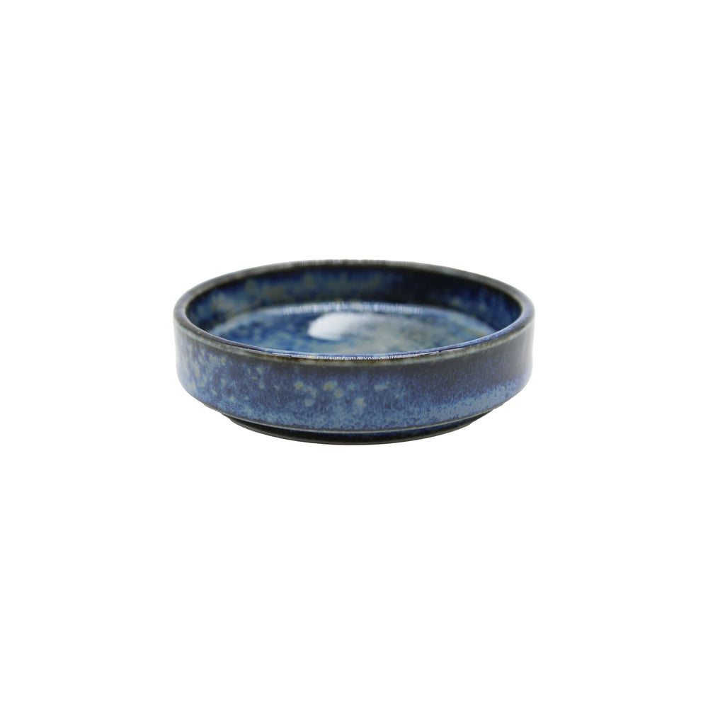 The Soba Seasoning Deep Cup - Blue is a round ceramic dish featuring blue yohen glaze, beautifully showcasing traditional Japanese pottery against a white background.