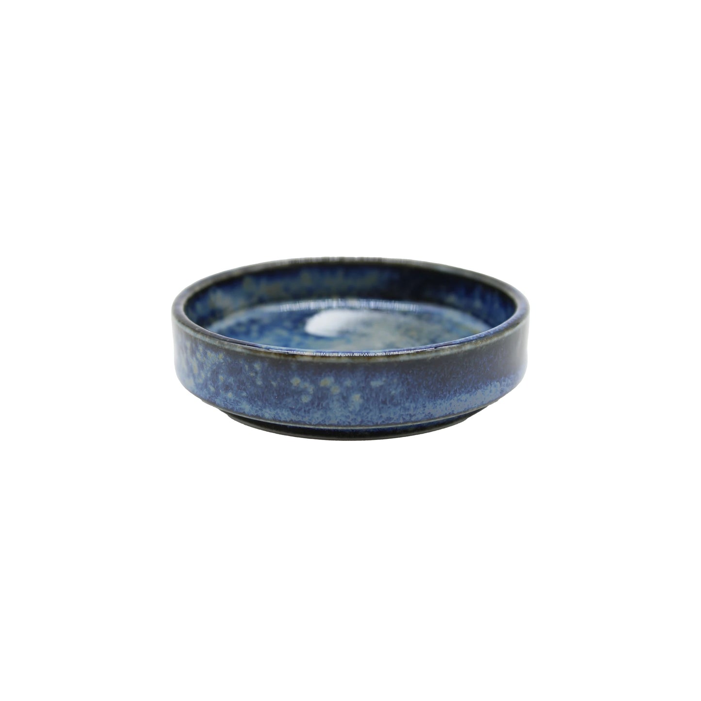 The Soba Seasoning Deep Cup - Blue is a round ceramic dish featuring blue yohen glaze, beautifully showcasing traditional Japanese pottery against a white background.