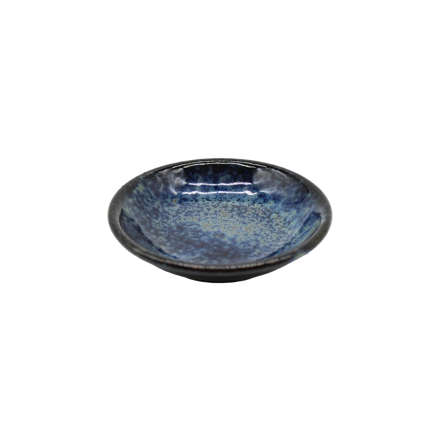 The Soba Seasoning Cup - Yohen Navy Blue features a small, shallow Japanese pottery design with a glossy blue and black speckled glaze, displayed against a plain white background.