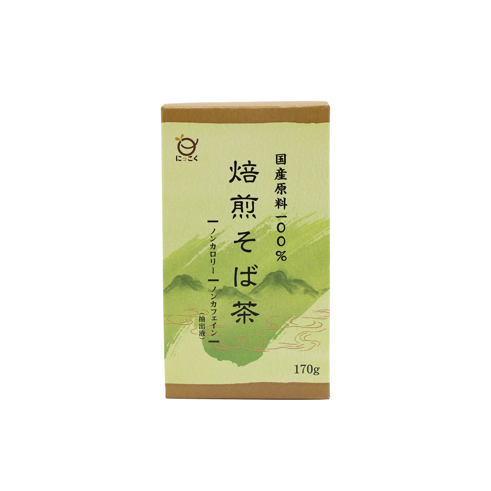 Sobacha Crushed Roasted Buckwheat, 170g box with green mountain artwork and Japanese text. This gluten-free, caffeine-free Japanese roasted buckwheat tea (soba cha) is perfect to enjoy any time of day.