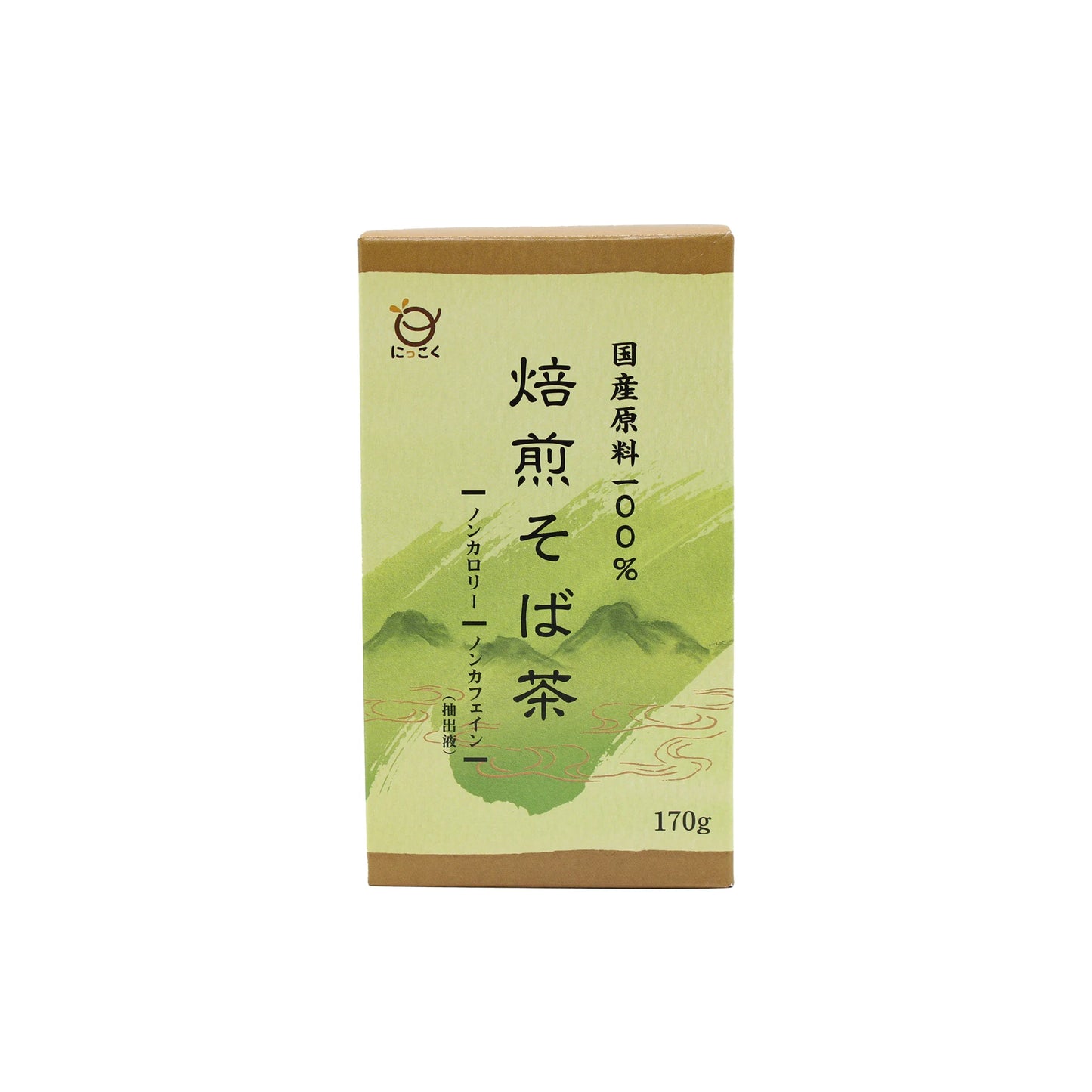 Sobacha Crushed Roasted Buckwheat, 170g box with green mountain artwork and Japanese text. This gluten-free, caffeine-free Japanese roasted buckwheat tea (soba cha) is perfect to enjoy any time of day.