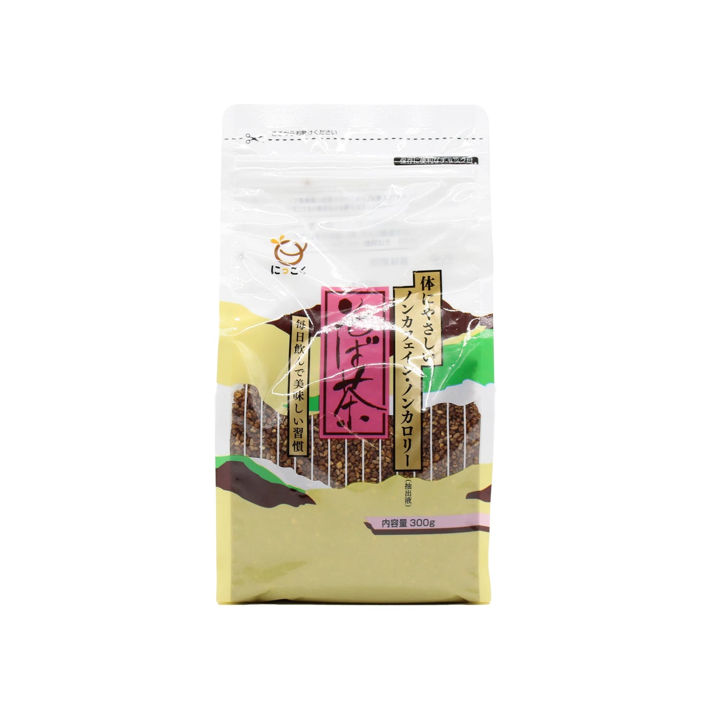 A 300g package of Sobacha Crushed Roasted Buckwheat, a caffeine-free beverage with Japanese text and illustrated mountains on the front, displayed against a white background.