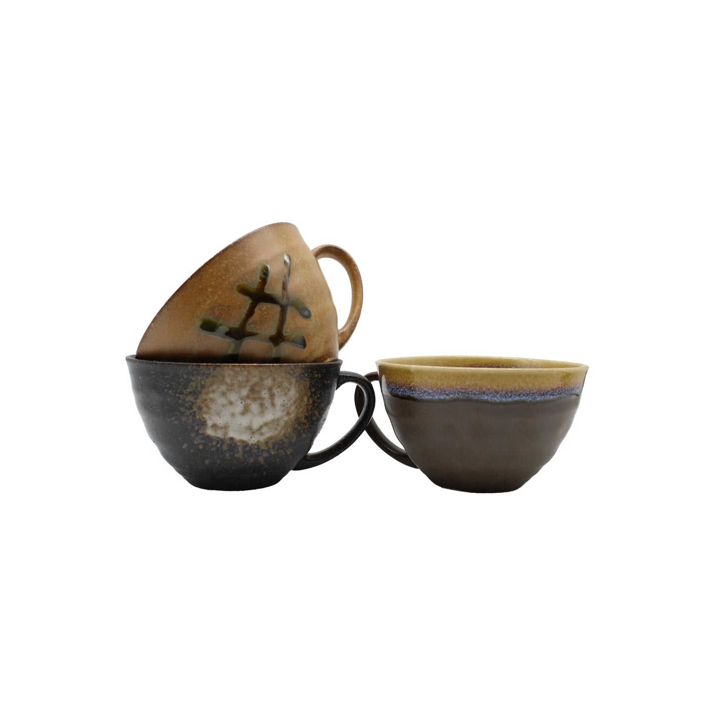 Three Japanese Soup Cup Gift Set mugs, featuring earthy tones and unique patterns, are stacked on a white background to highlight their handcrafted ceramic artistry.