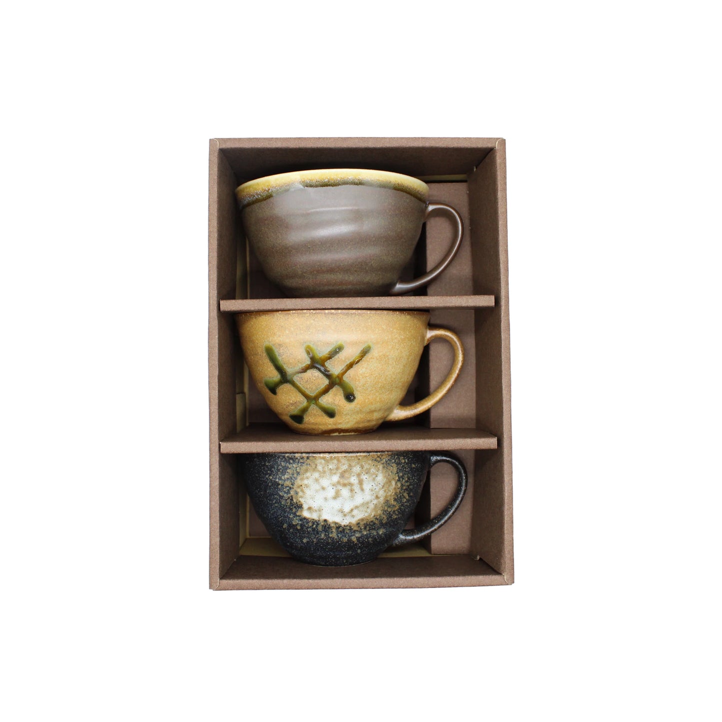 Three Japanese Soup Cups with unique glaze patterns are arranged vertically in a brown gift box with dividers, viewed from above on a white background.