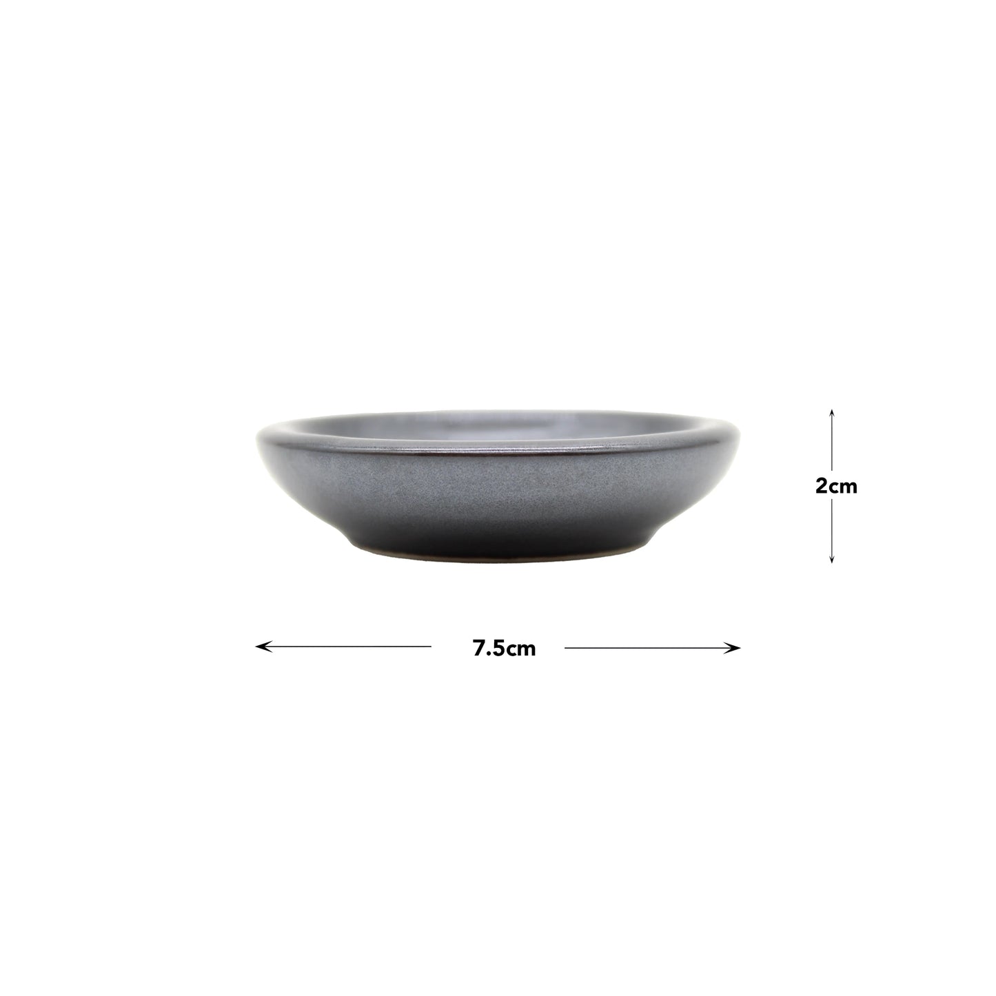 
                  
                    The Soy Sauce Dish - Black Vortex is a small, round, gray ceramic dish (7.5 cm wide, 2 cm tall), perfect for serving Japanese pickles, shown on a white background.
                  
                