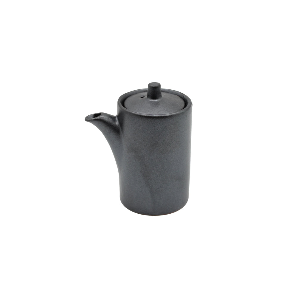 A matte black Minoyaki porcelain soy sauce pourer with a short spout and fitted lid, inspired by Japanese pottery, isolated on a white background.