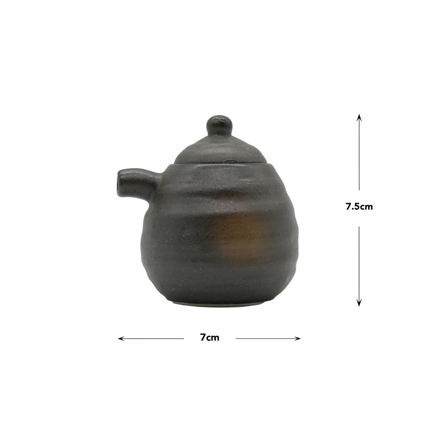 The Soy Sauce Serving Pot - Black Bizen features a lid and spout, measures 7 cm wide by 7.5 cm tall, and is perfect for serving soy sauce or refined tea, shown here against a plain white background.