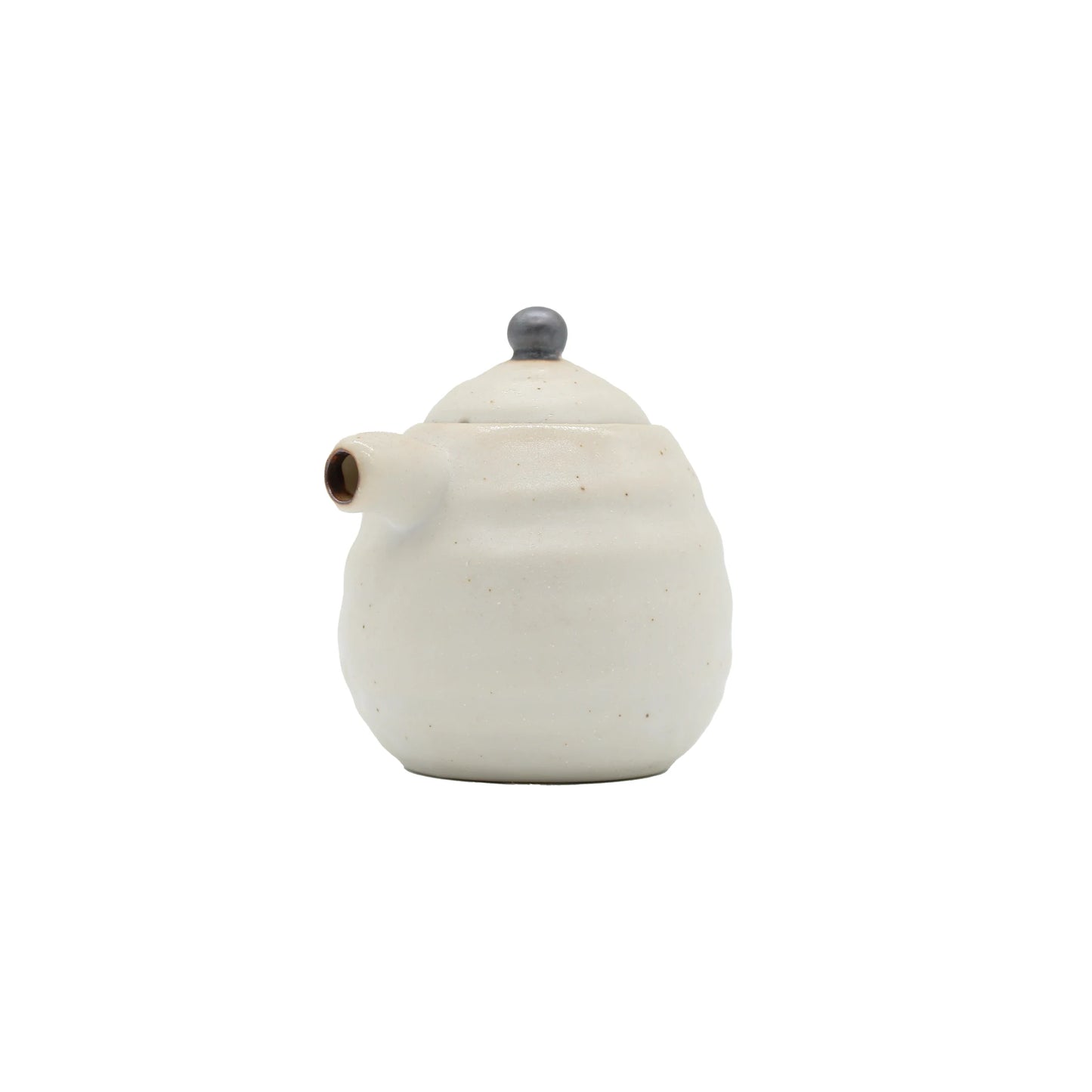 The Soy Sauce Serving Pot - White Kohiki is a small, round Japanese pottery teapot with a short spout and a grey knob on its lid, inspired by traditional designs, shown against a plain white background.