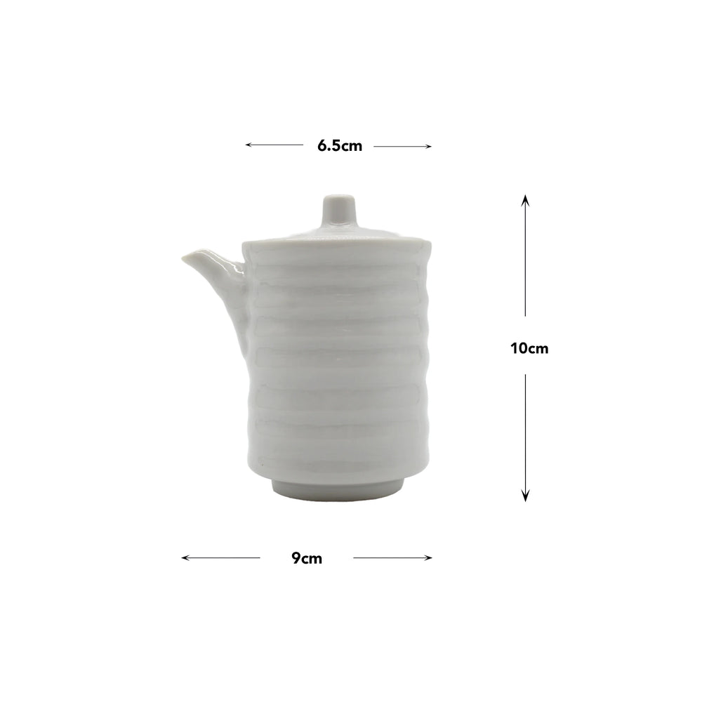 
                  
                    The Soy Sauce Pourer - White Ribbed is a handcrafted Minoyaki porcelain piece featuring a lid, spout, and ribbed texture. It measures 10 cm tall, with a 6.5 cm diameter top and a 9 cm diameter base.
                  
                