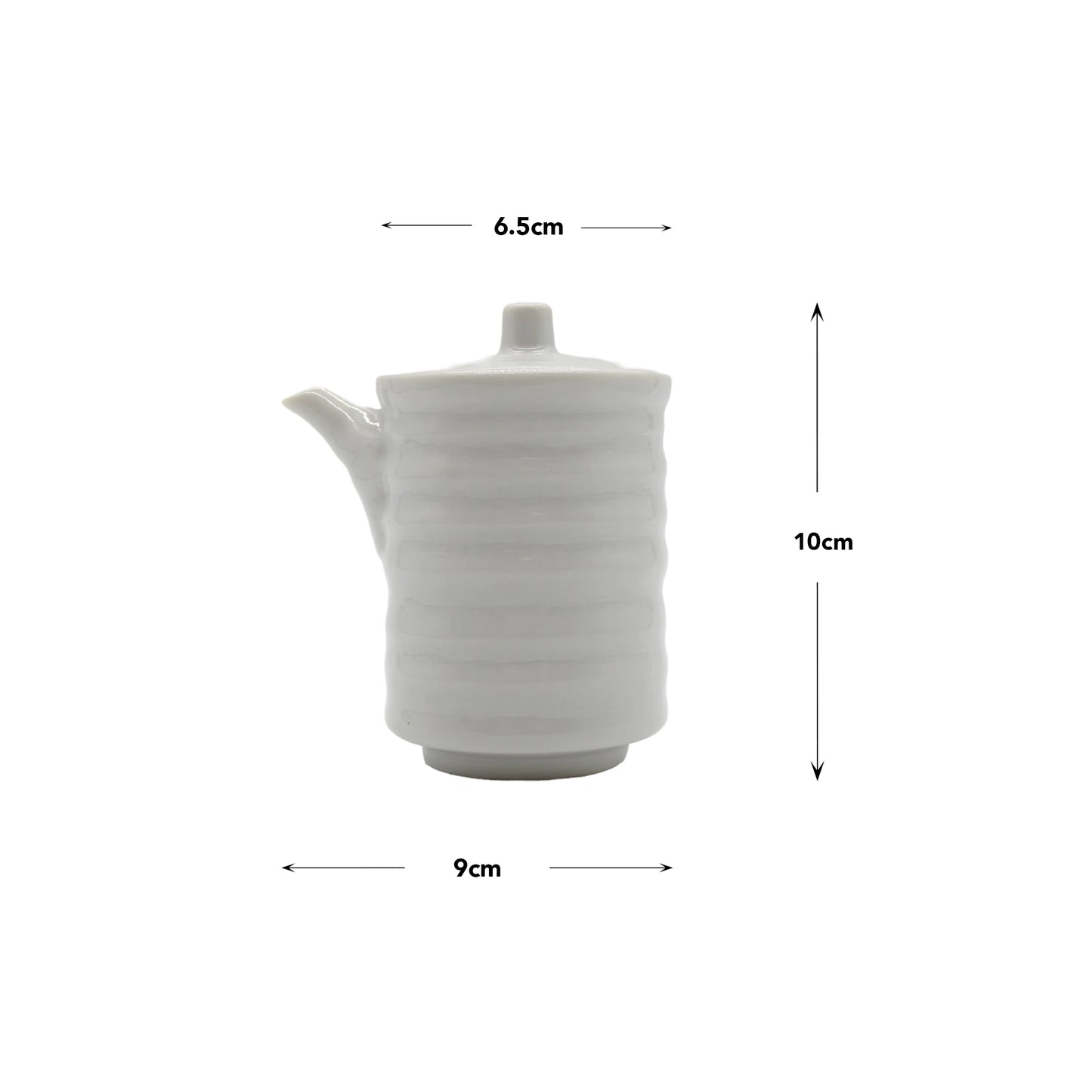 
                  
                    The Soy Sauce Pourer - White Ribbed is a handcrafted Minoyaki porcelain piece featuring a lid, spout, and ribbed texture. It measures 10 cm tall, with a 6.5 cm diameter top and a 9 cm diameter base.
                  
                