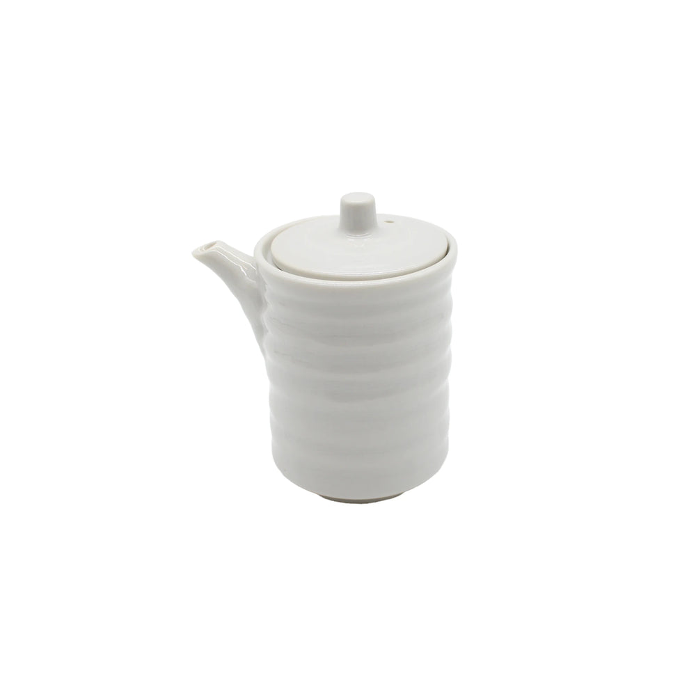 A Soy Sauce Pourer - White Ribbed, handcrafted from white Minoyaki porcelain with a ribbed texture, short spout, and matching lid, is displayed against a plain white background.