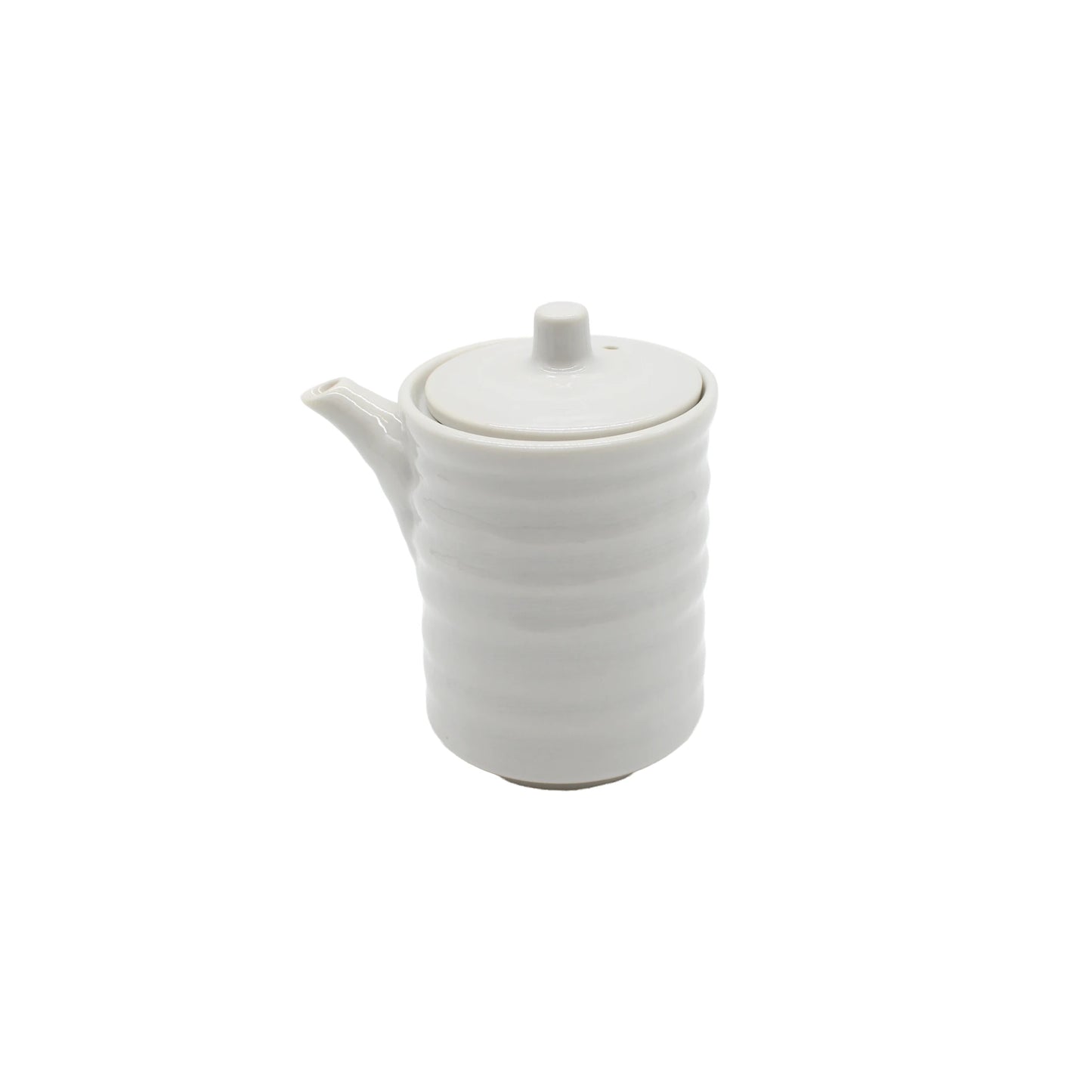 A Soy Sauce Pourer - White Ribbed, handcrafted from white Minoyaki porcelain with a ribbed texture, short spout, and matching lid, is displayed against a plain white background.