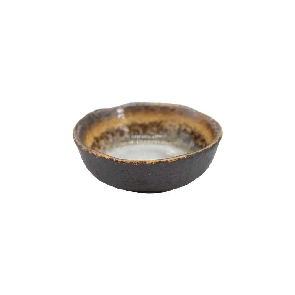 The Soy Sauce Dish - Akane Grey is a small, round ceramic bowl featuring a dark brown speckled exterior and a light brown-gray glazed interior—perfect for serving soy sauce or sashimi.