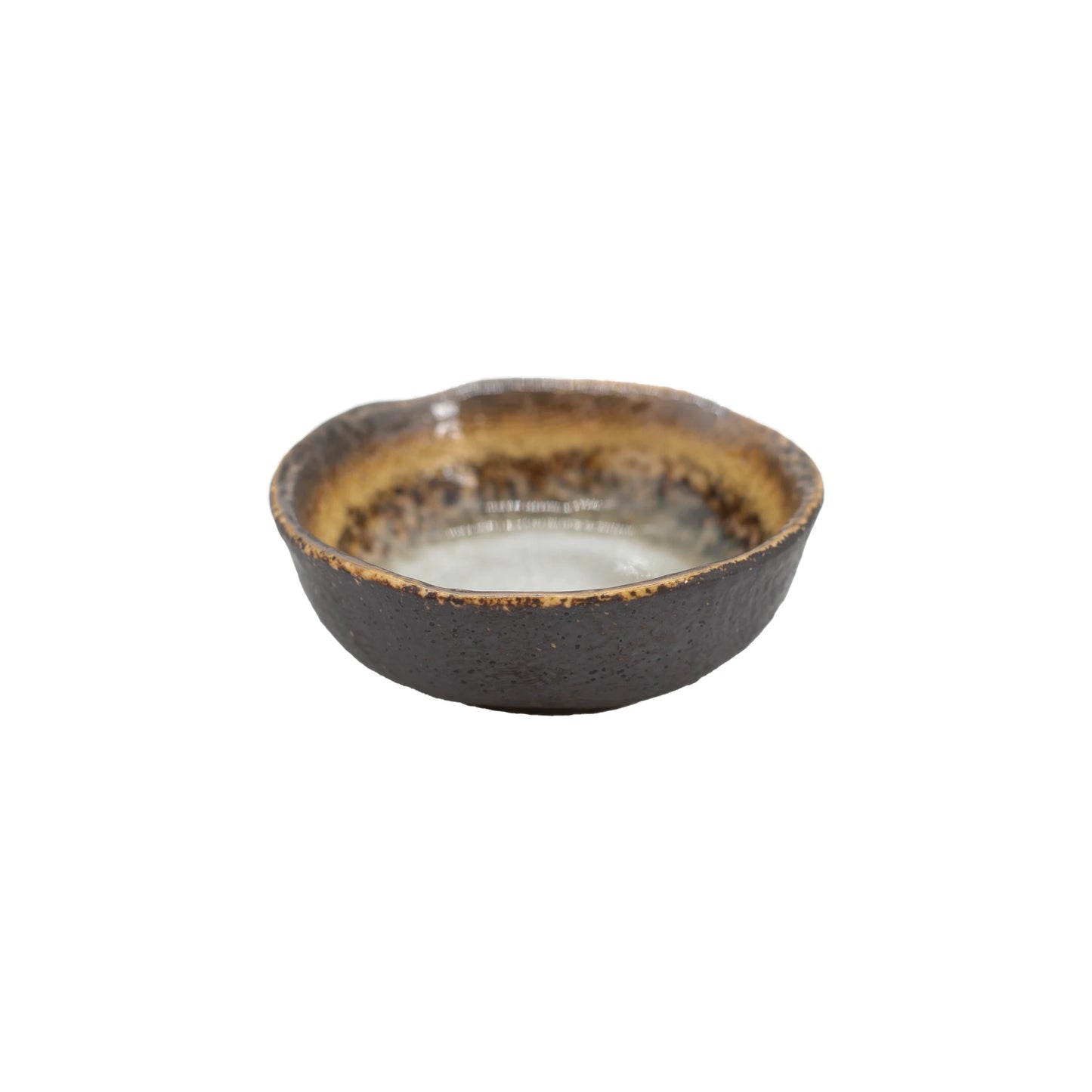 The Soy Sauce Dish - Akane Grey is a small, round ceramic bowl featuring a dark brown speckled exterior and a light brown-gray glazed interior—perfect for serving soy sauce or sashimi.