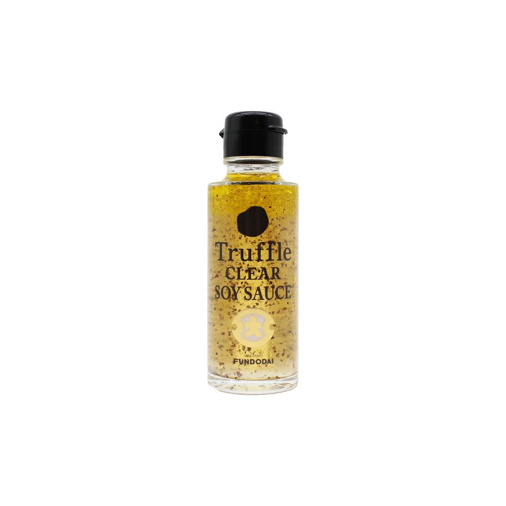 A 100ml bottle of Crystal Clear Soy Sauce with Truffle, featuring a black cap, transparent sauce, and visible truffle pieces—an elegant Japanese soy sauce enhanced with aromatic truffles.