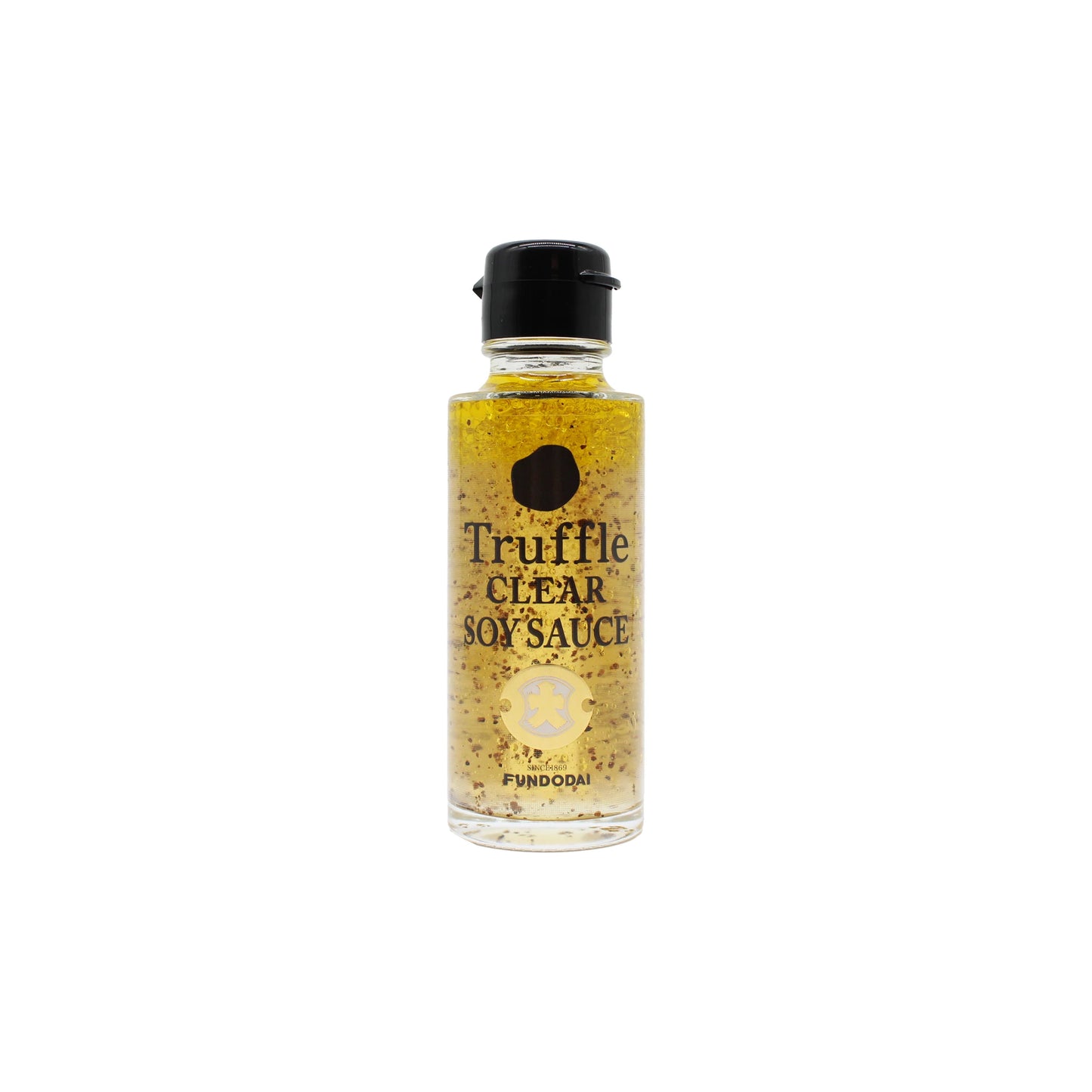 A 100ml bottle of Crystal Clear Soy Sauce with Truffle, featuring a black cap, transparent sauce, and visible truffle pieces—an elegant Japanese soy sauce enhanced with aromatic truffles.